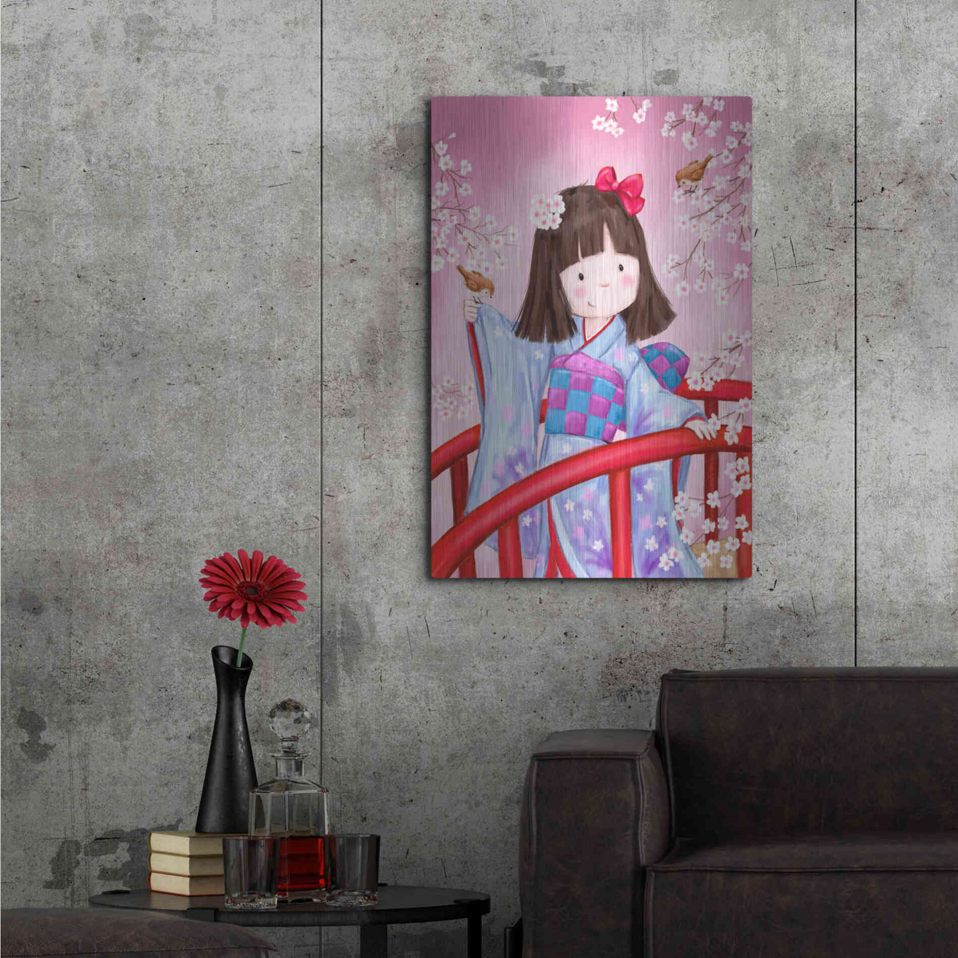 Luxe Metal Art 'Japanese Girl Bird 2' by Makiko, Metal Wall Art,24x36