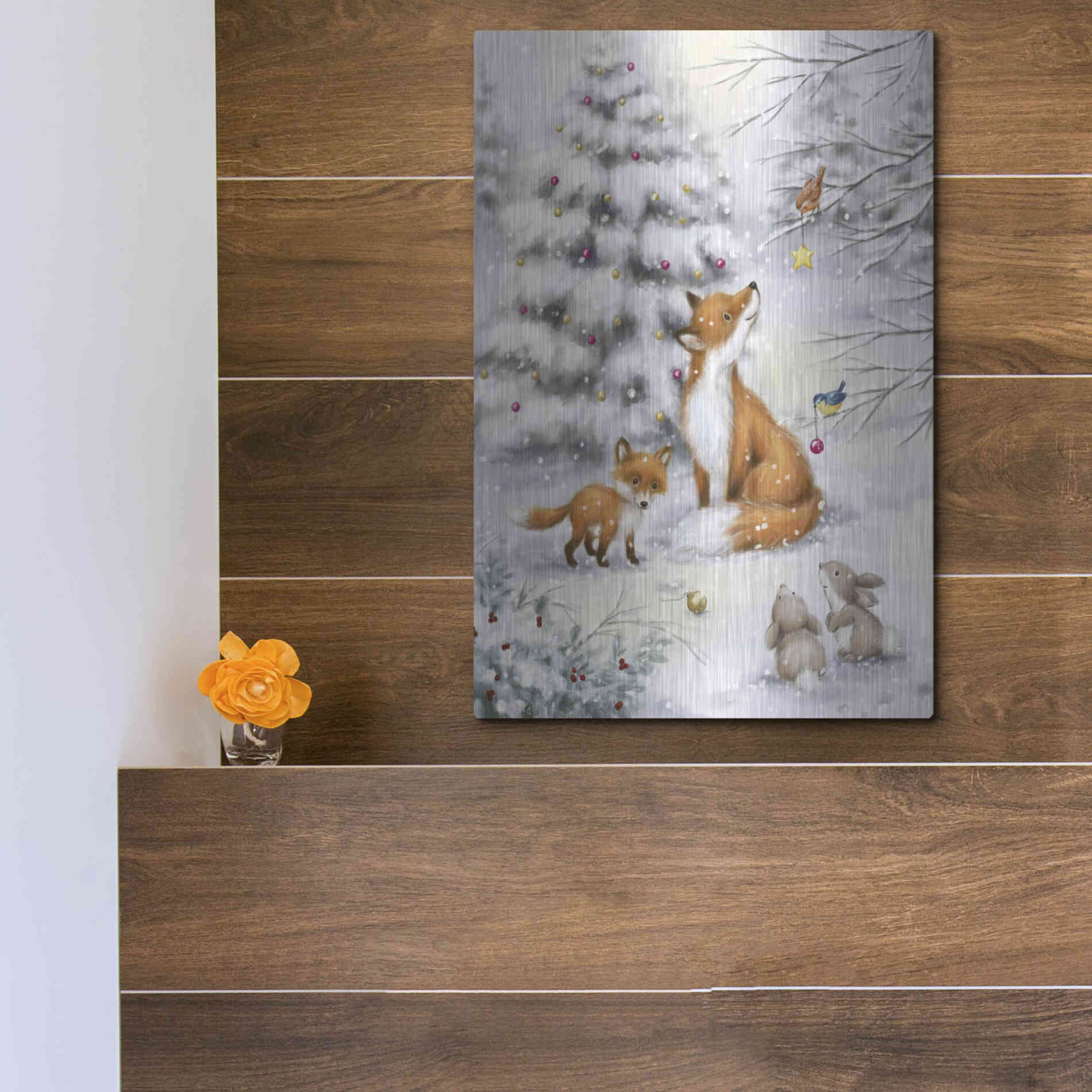 Luxe Metal Art 'Fox in forest' by Makiko, Metal Wall Art,12x16