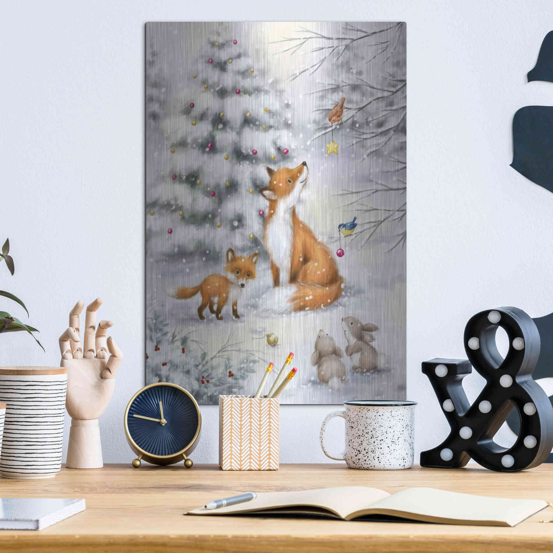 Luxe Metal Art 'Fox in forest' by Makiko, Metal Wall Art,12x16