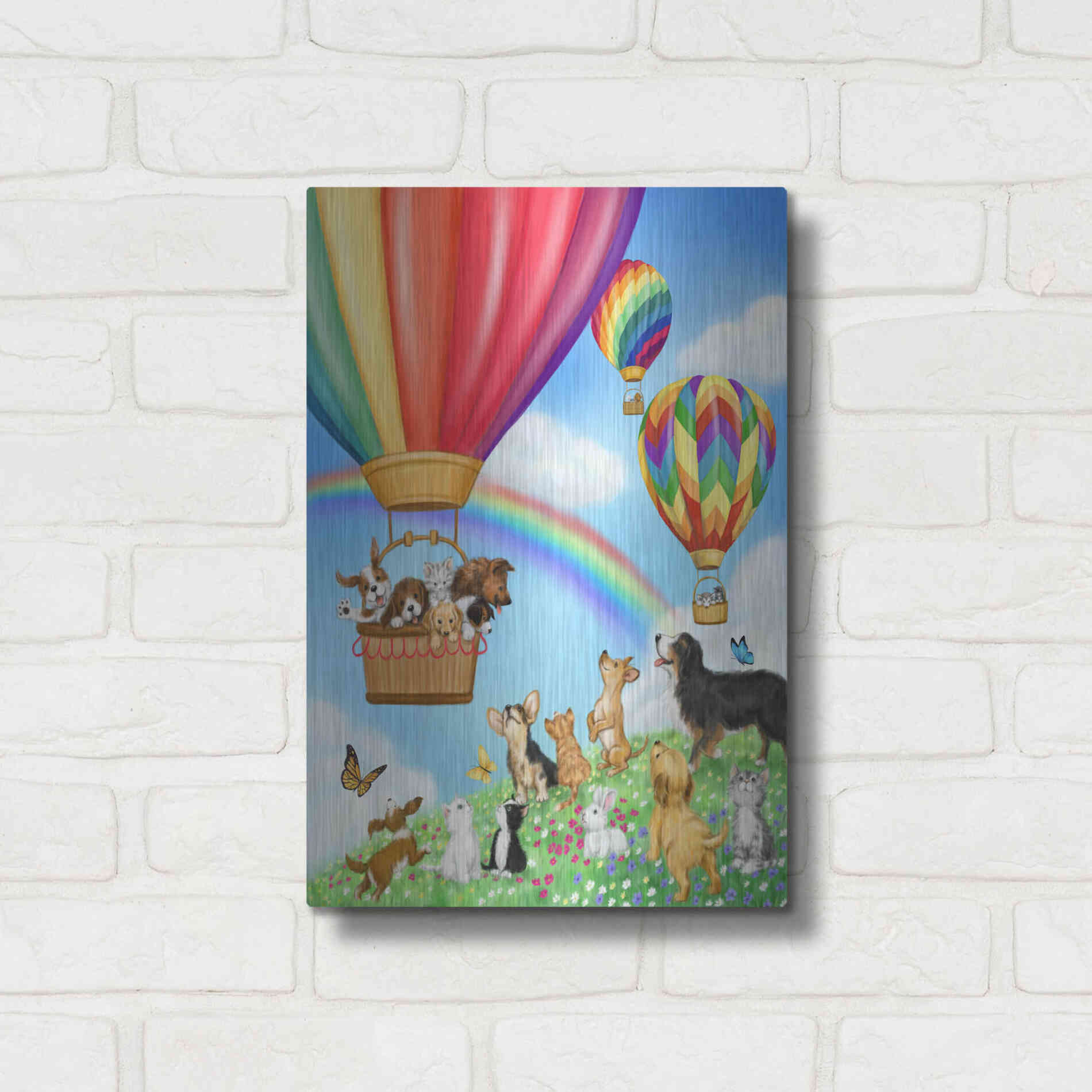 Luxe Metal Art 'Hot Air Balloon with Dog and Cat' by Makiko, Metal Wall Art,12x16