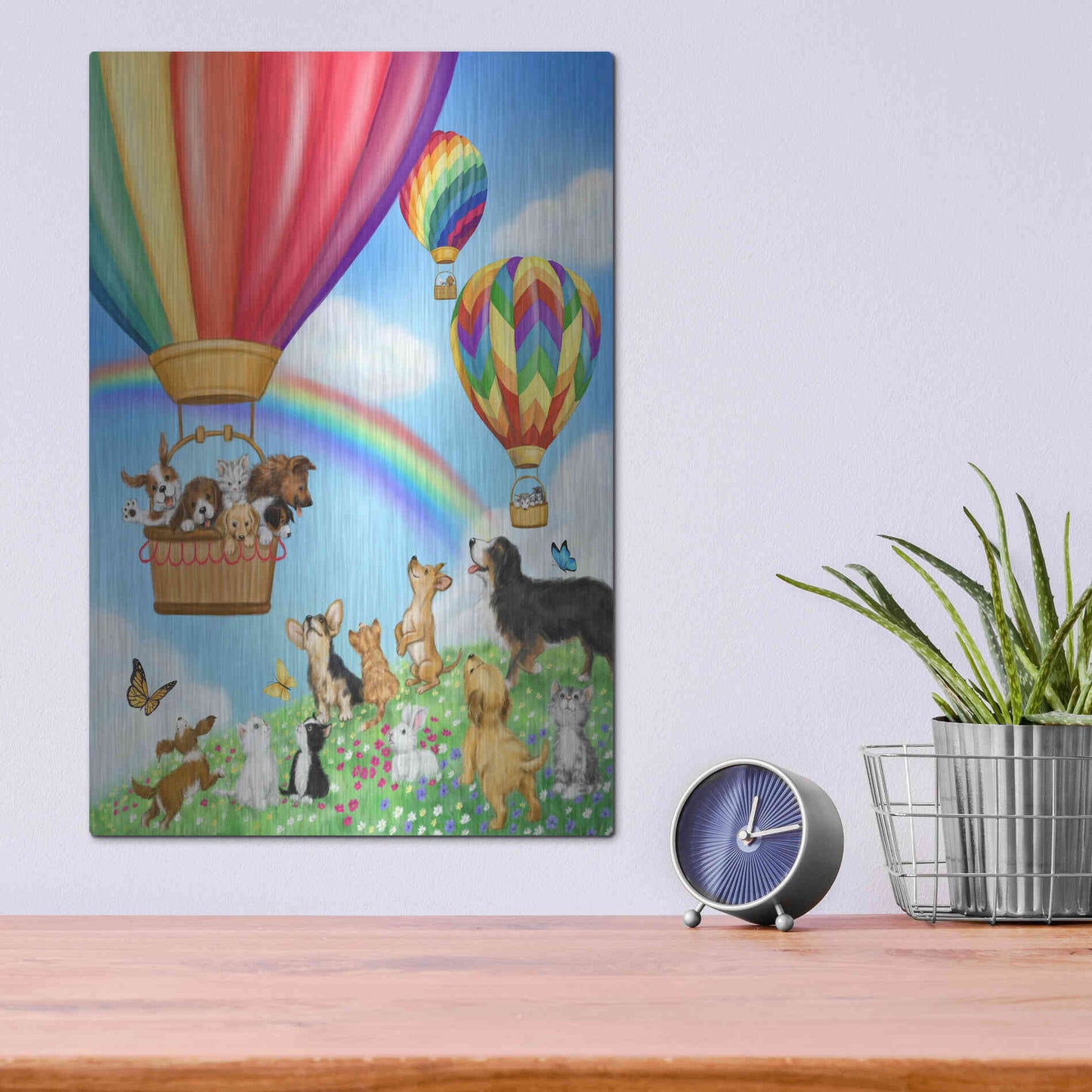 Luxe Metal Art 'Hot Air Balloon with Dog and Cat' by Makiko, Metal Wall Art,12x16