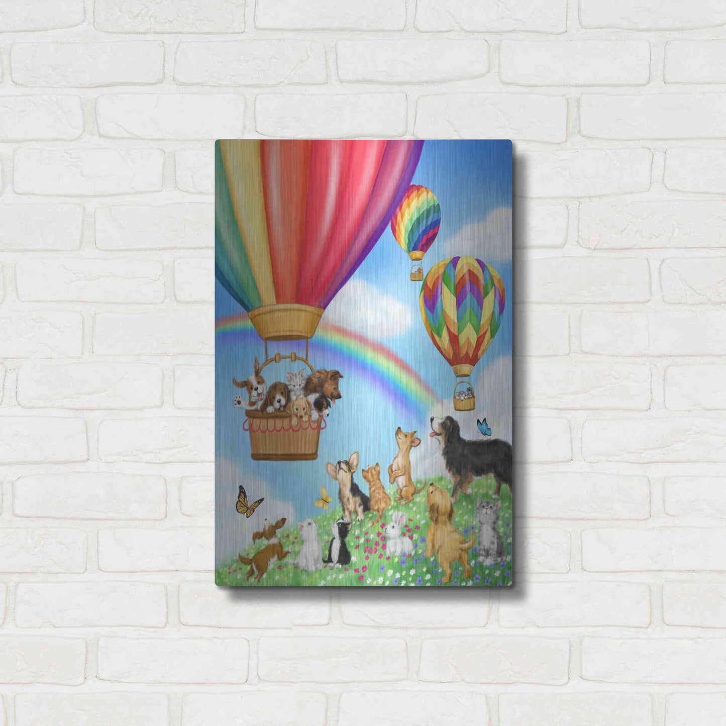 Luxe Metal Art 'Hot Air Balloon with Dog and Cat' by Makiko, Metal Wall Art,16x24