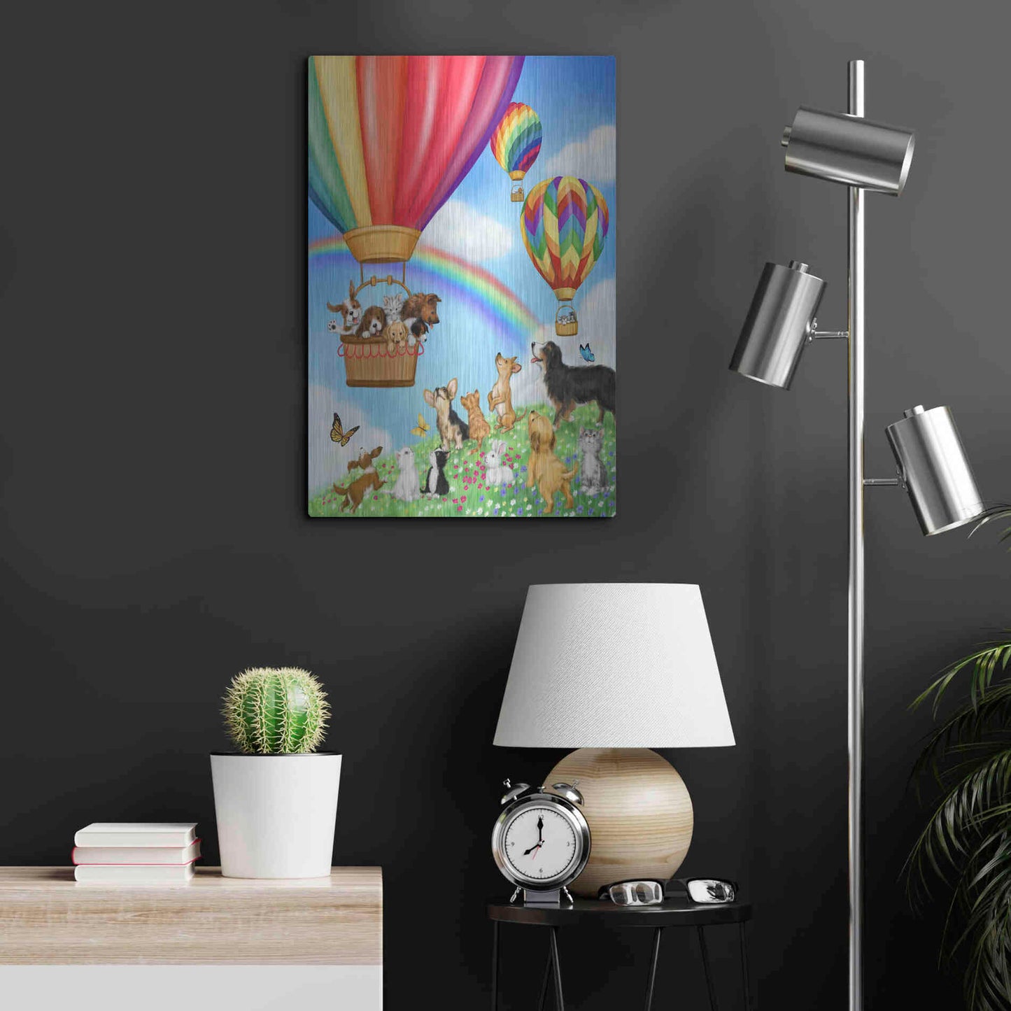 Luxe Metal Art 'Hot Air Balloon with Dog and Cat' by Makiko, Metal Wall Art,16x24