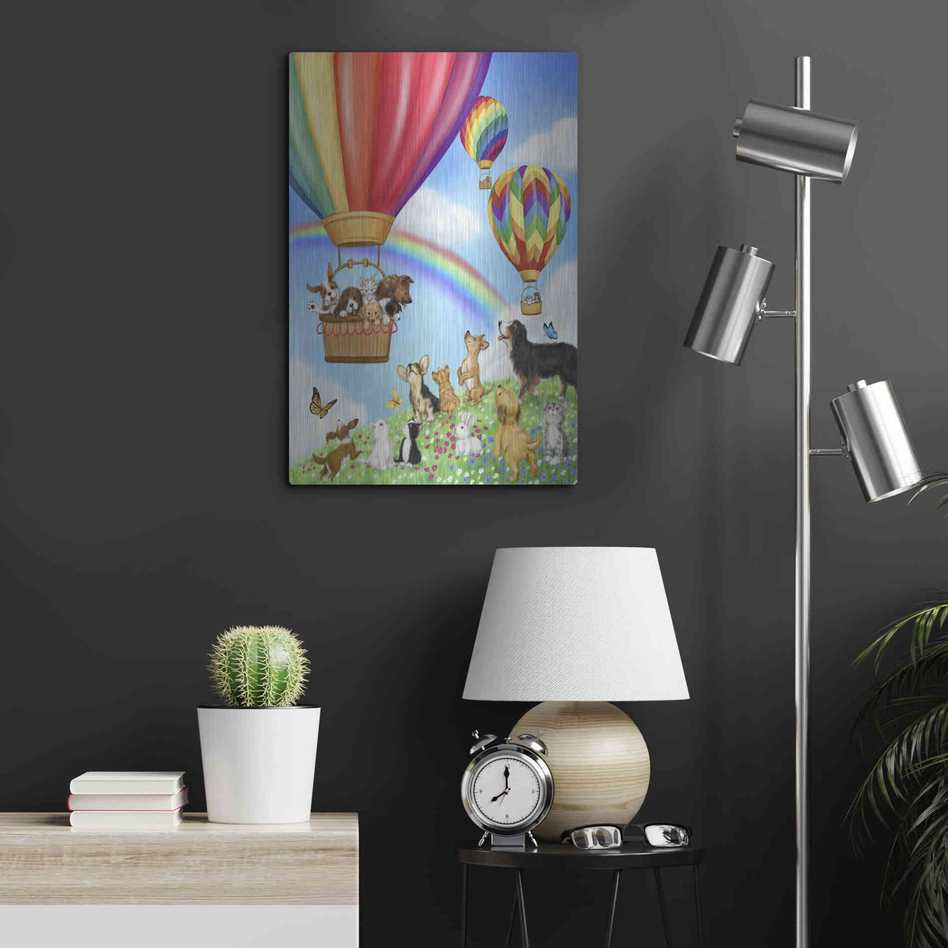 Luxe Metal Art 'Hot Air Balloon with Dog and Cat' by Makiko, Metal Wall Art,16x24