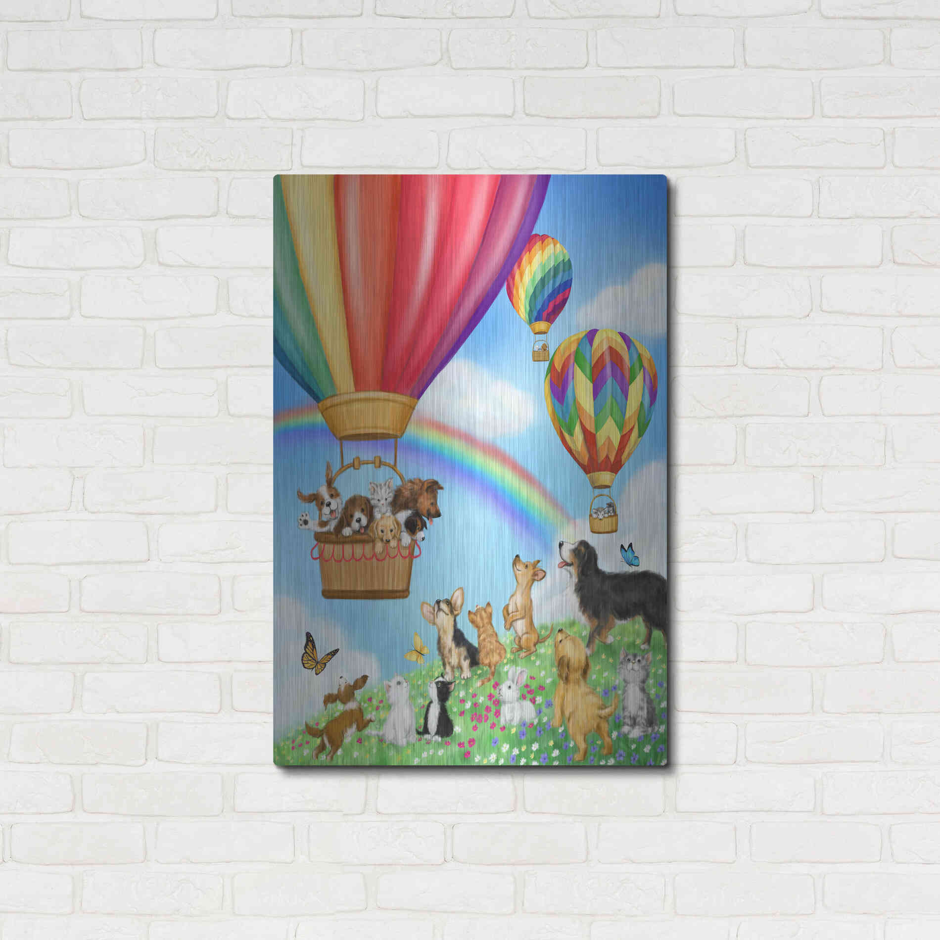Luxe Metal Art 'Hot Air Balloon with Dog and Cat' by Makiko, Metal Wall Art,24x36
