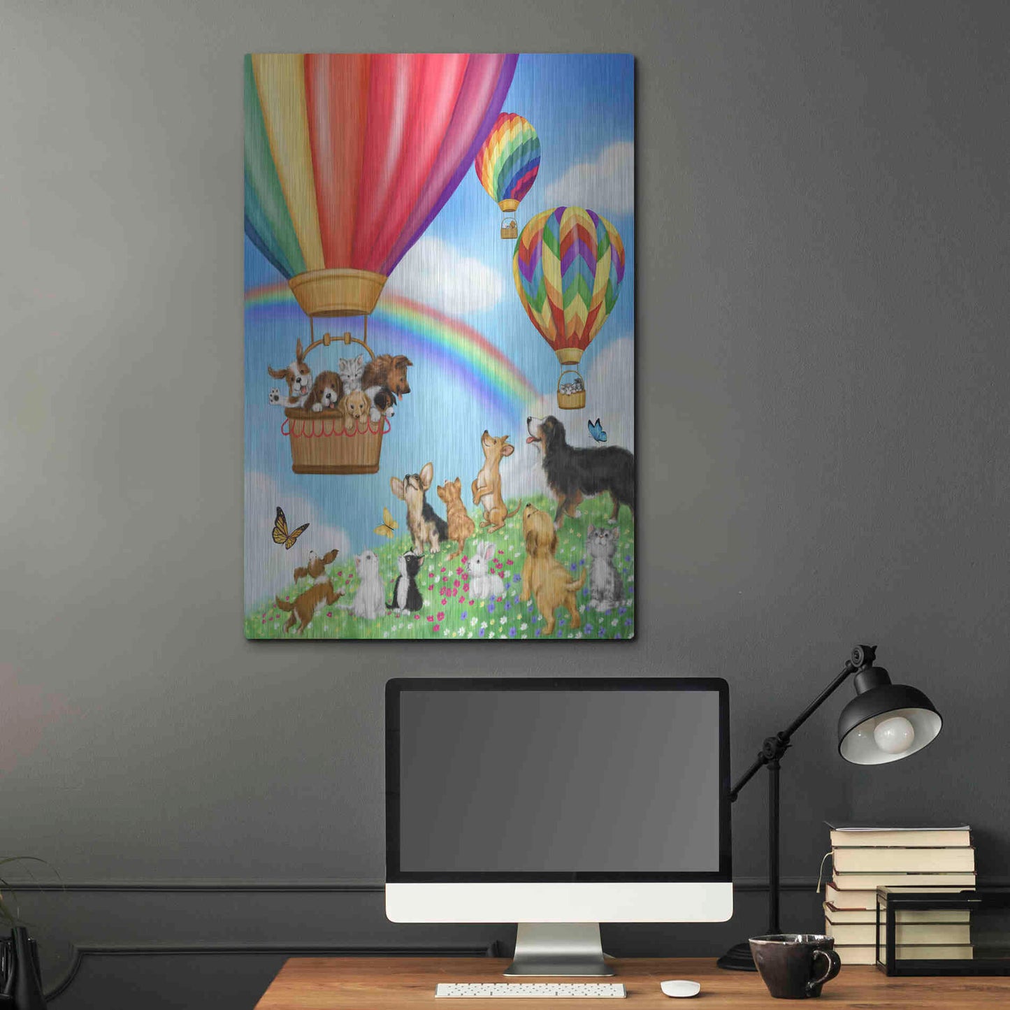 Luxe Metal Art 'Hot Air Balloon with Dog and Cat' by Makiko, Metal Wall Art,24x36