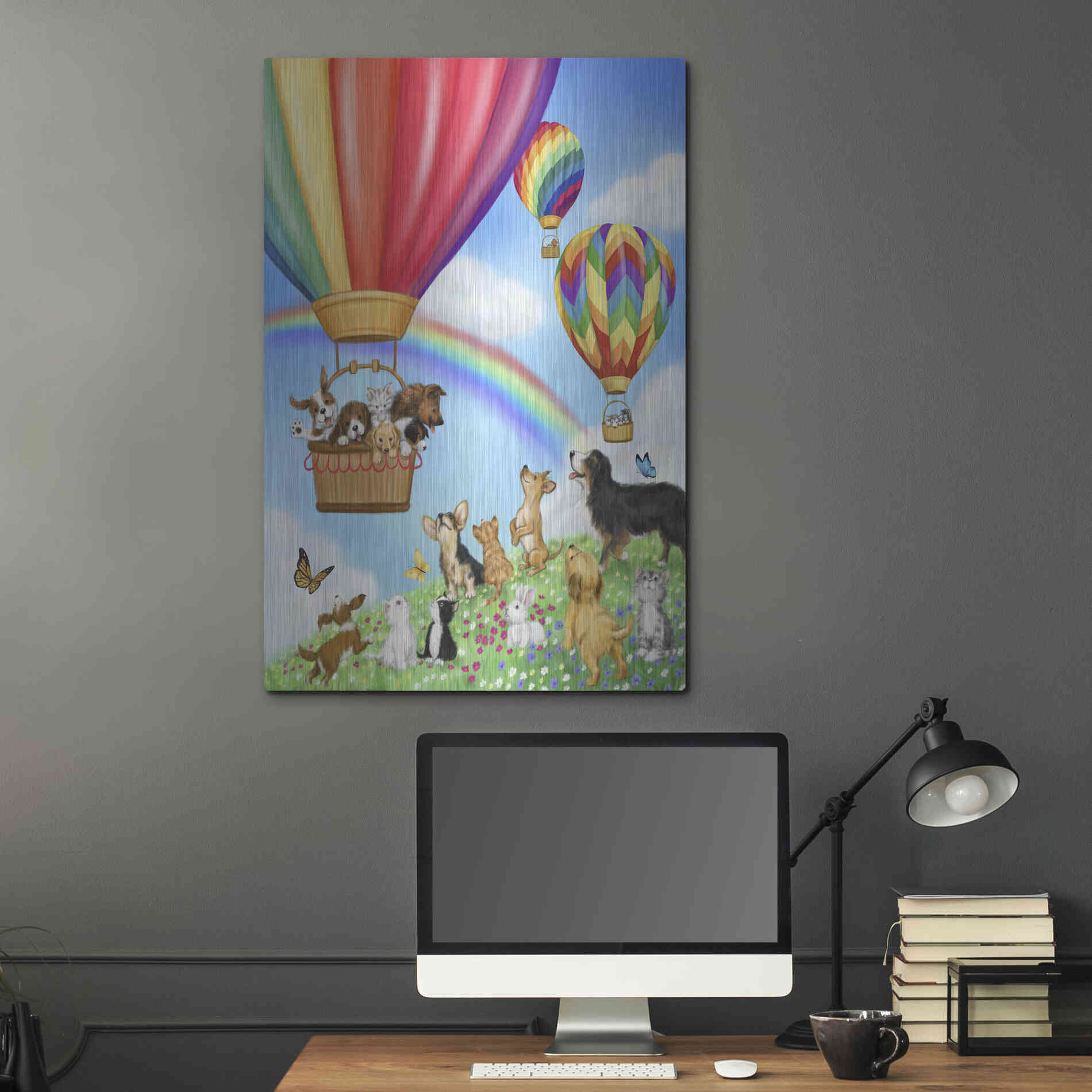 Luxe Metal Art 'Hot Air Balloon with Dog and Cat' by Makiko, Metal Wall Art,24x36