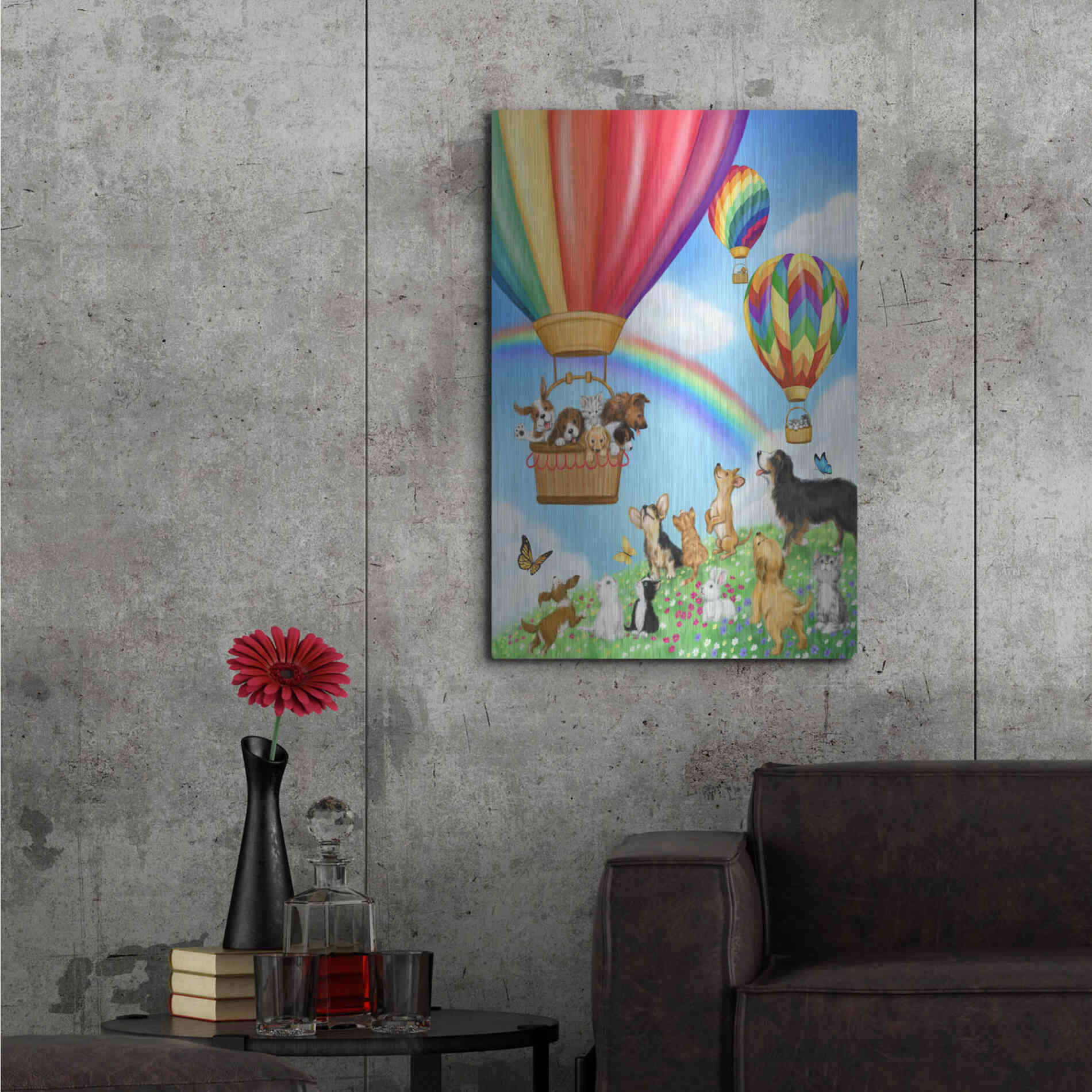 Luxe Metal Art 'Hot Air Balloon with Dog and Cat' by Makiko, Metal Wall Art,24x36