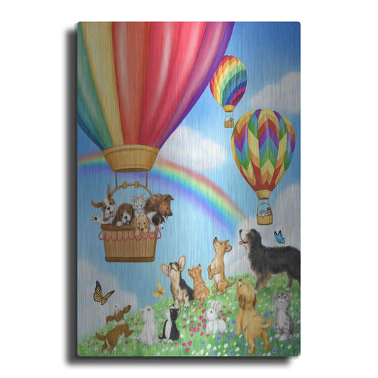 Luxe Metal Art 'Hot Air Balloon with Dog and Cat' by Makiko, Metal Wall Art