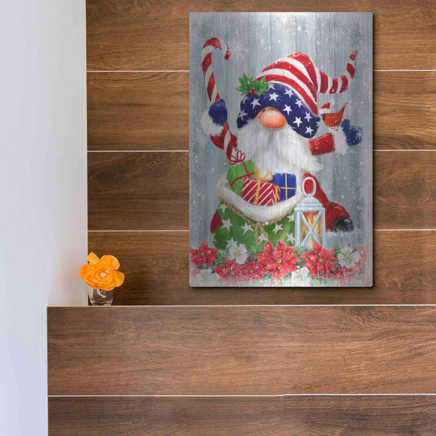 Luxe Metal Art 'American Christmas Gnome' by Makiko, Metal Wall Art,12x16