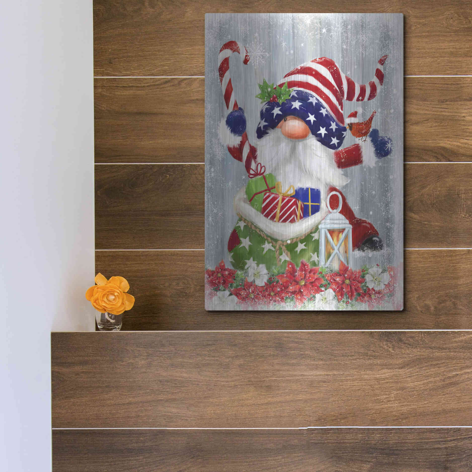 Luxe Metal Art 'American Christmas Gnome' by Makiko, Metal Wall Art,12x16