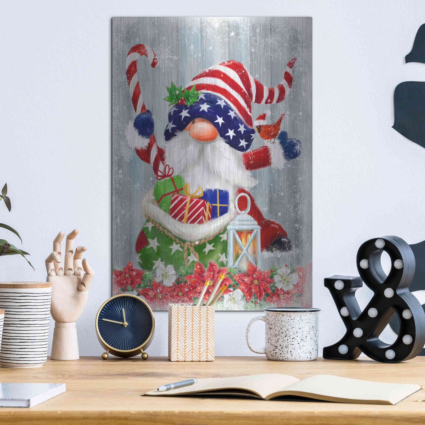 Luxe Metal Art 'American Christmas Gnome' by Makiko, Metal Wall Art,12x16