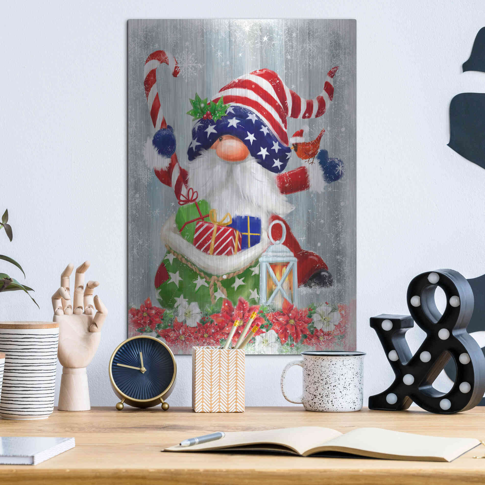 Luxe Metal Art 'American Christmas Gnome' by Makiko, Metal Wall Art,12x16