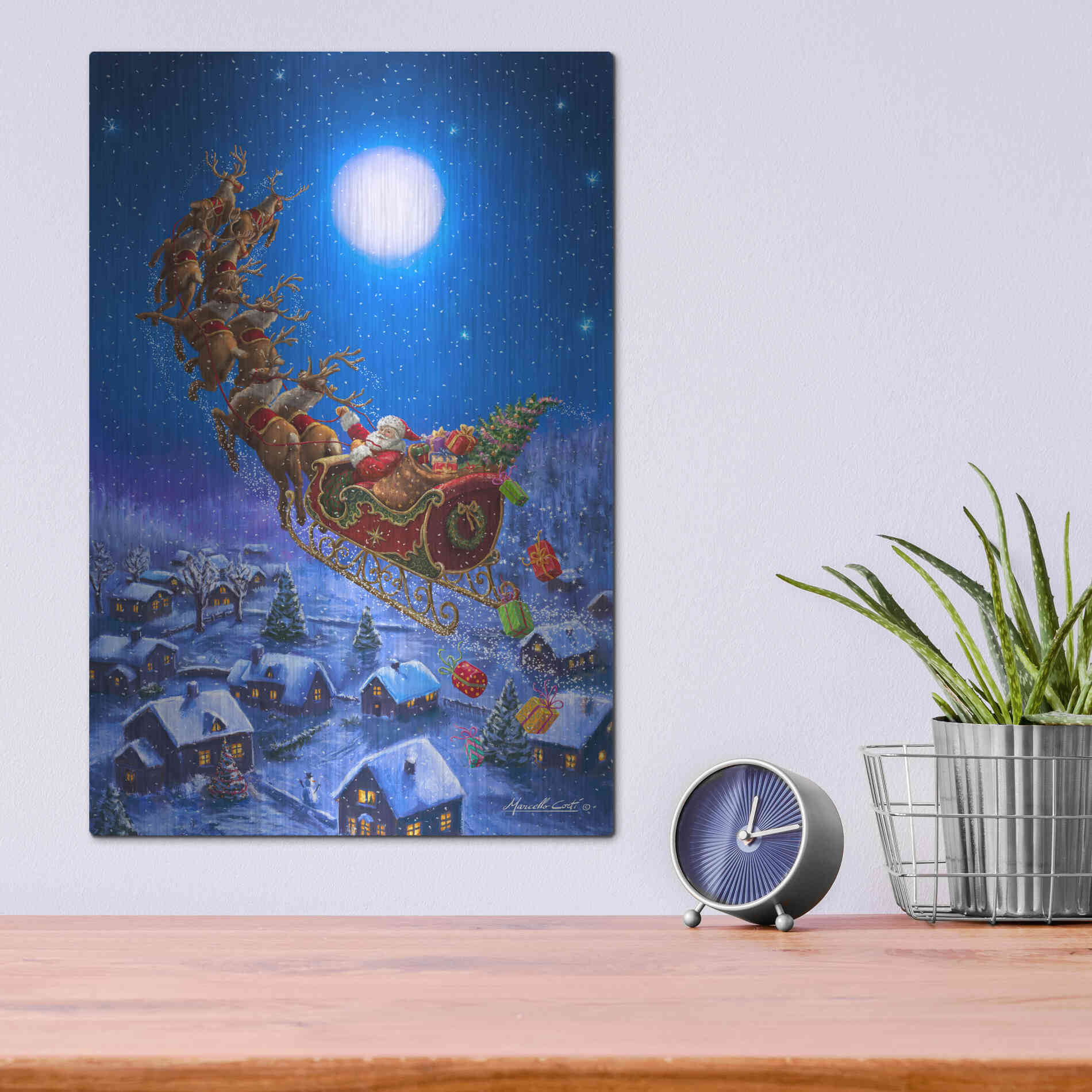 Luxe Metal Art 'Santa’s Night Ride' by Ali Corti, Metal Wall Art,12x16