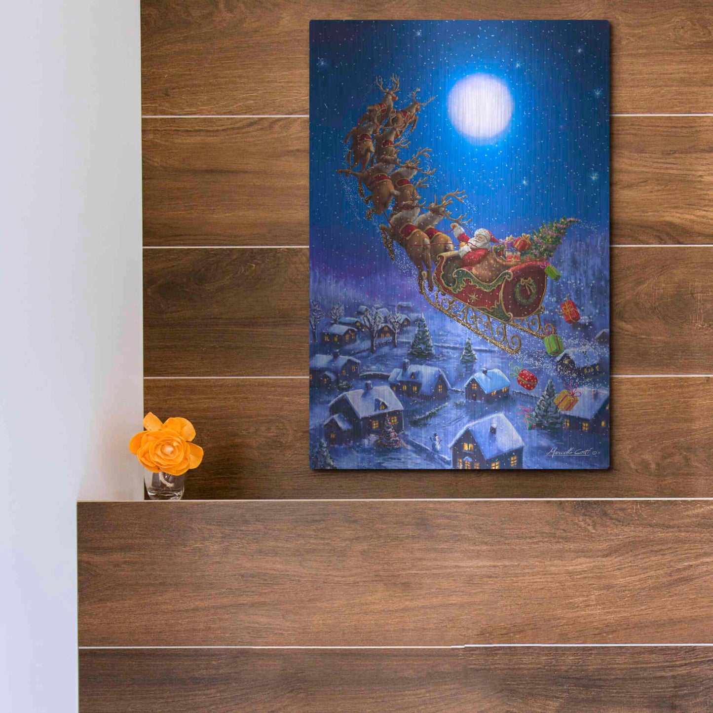 Luxe Metal Art 'Santa’s Night Ride' by Ali Corti, Metal Wall Art,12x16