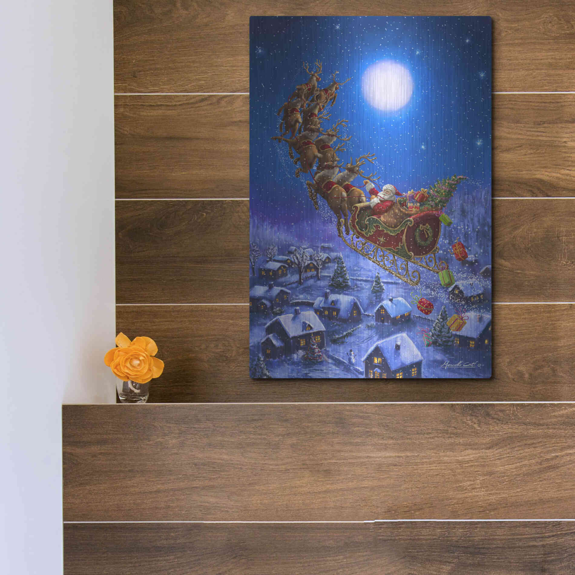Luxe Metal Art 'Santa’s Night Ride' by Ali Corti, Metal Wall Art,12x16
