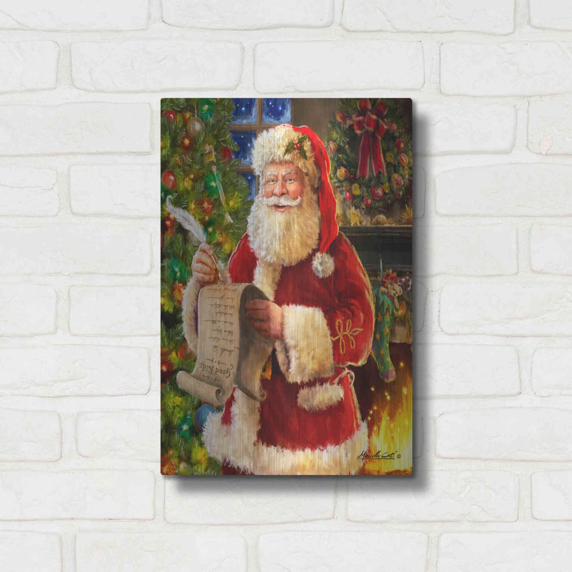 Luxe Metal Art 'Checking his List' by Ali Corti, Metal Wall Art,12x16