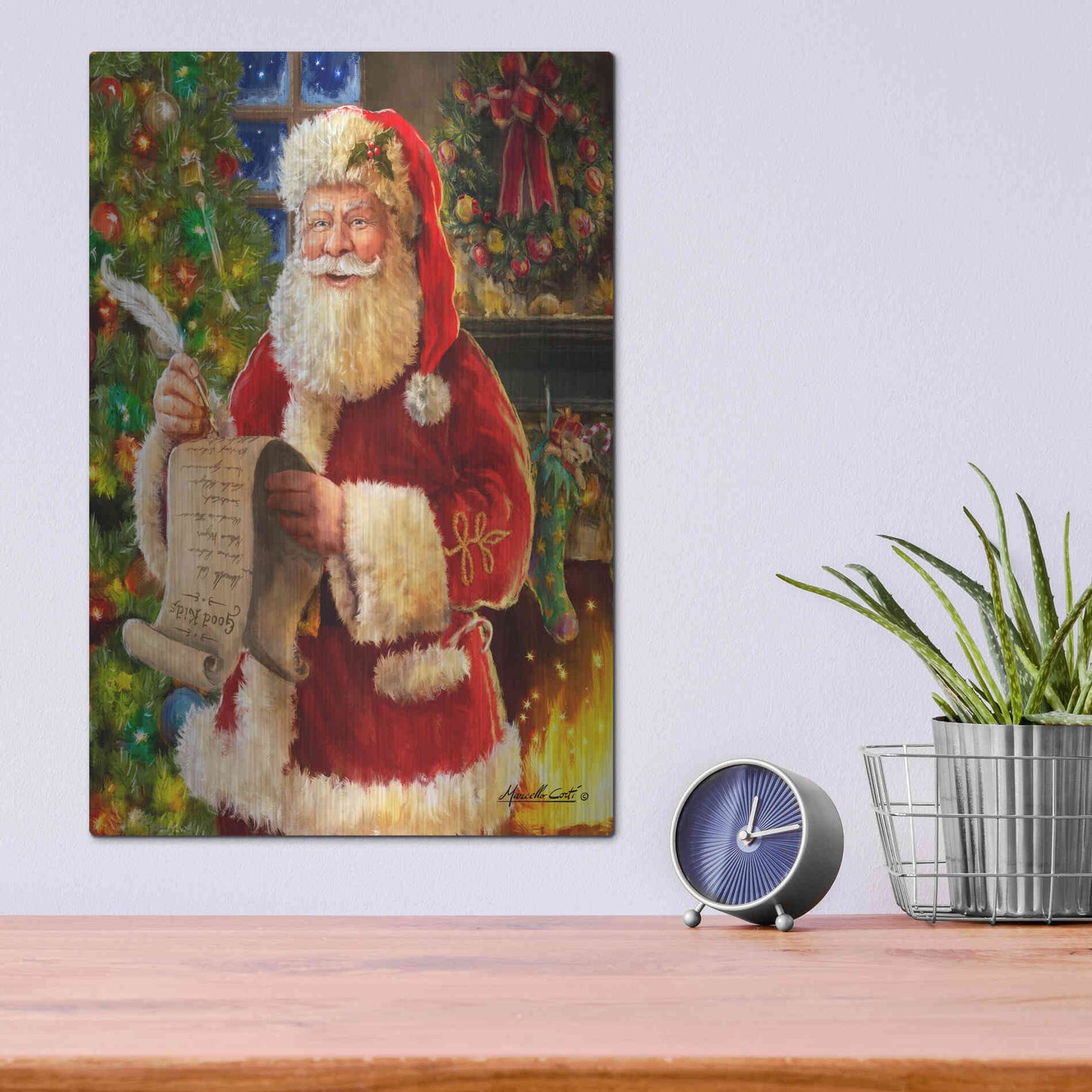 Luxe Metal Art 'Checking his List' by Ali Corti, Metal Wall Art,12x16