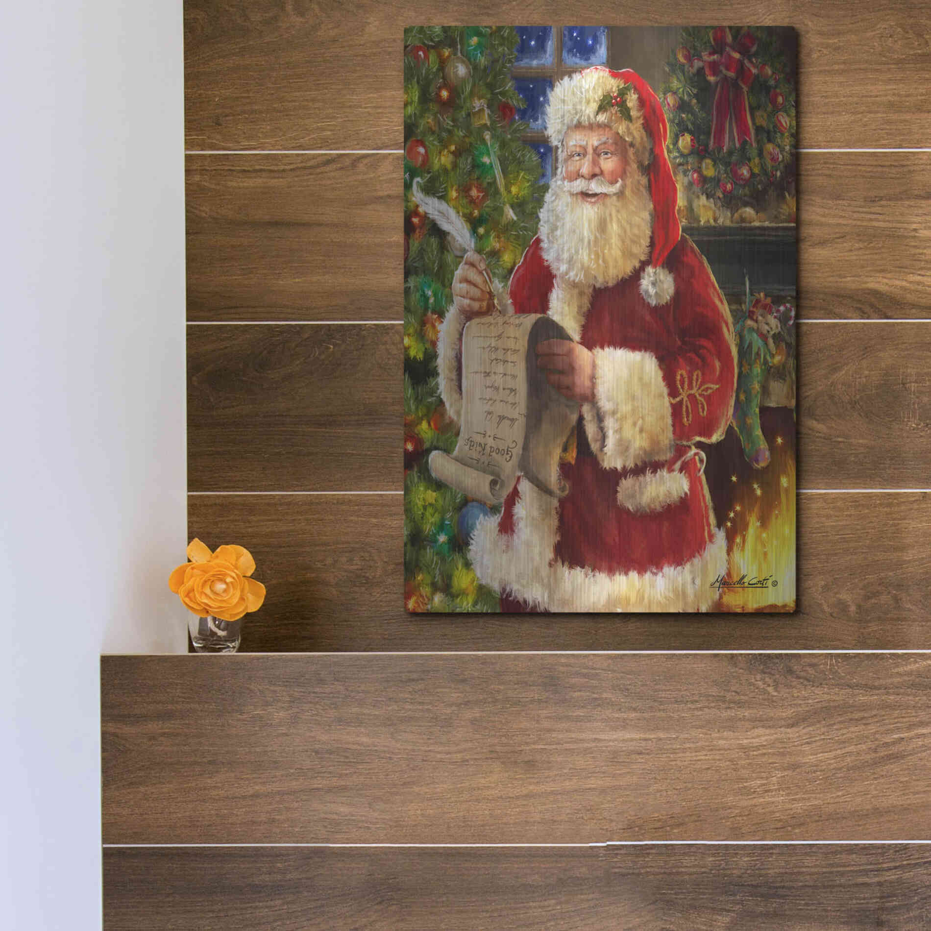 Luxe Metal Art 'Checking his List' by Ali Corti, Metal Wall Art,12x16