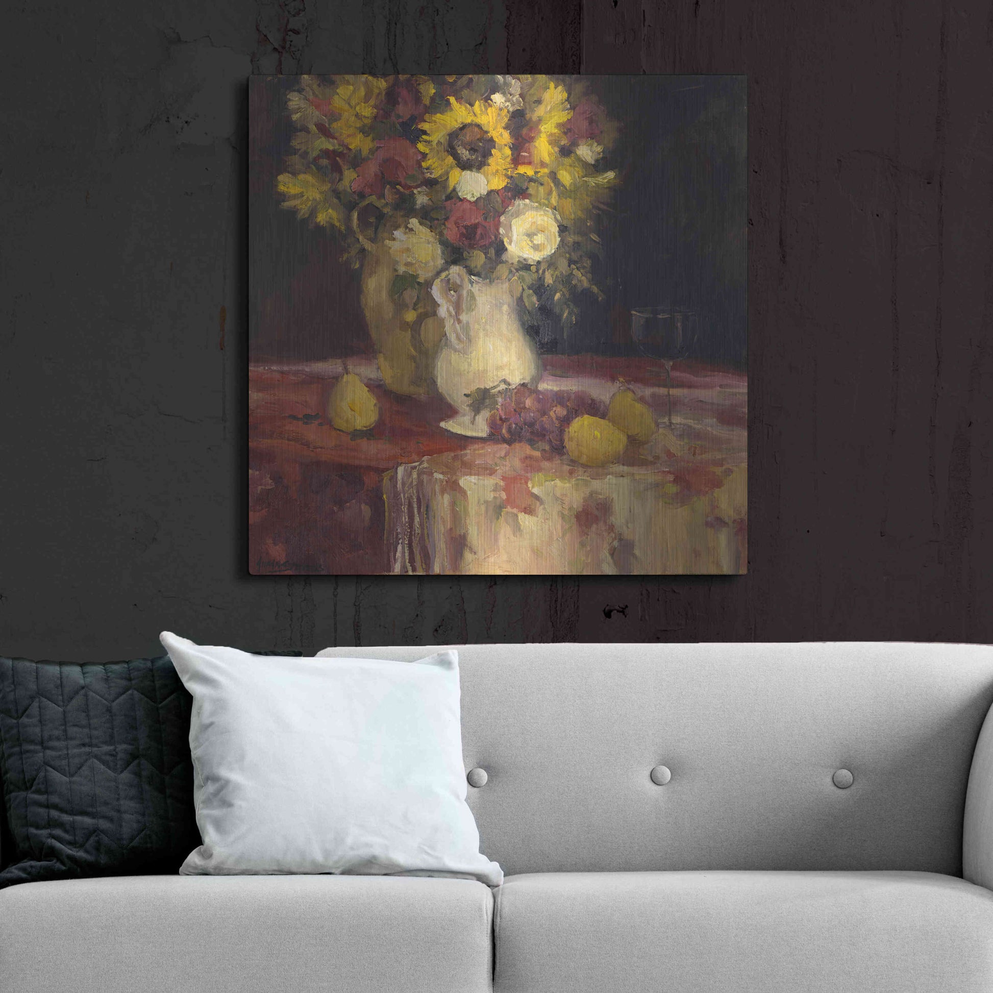 Luxe Metal Art 'Sunflowers And Wine' by Allayn Stevens, Metal Wall Art,36x36