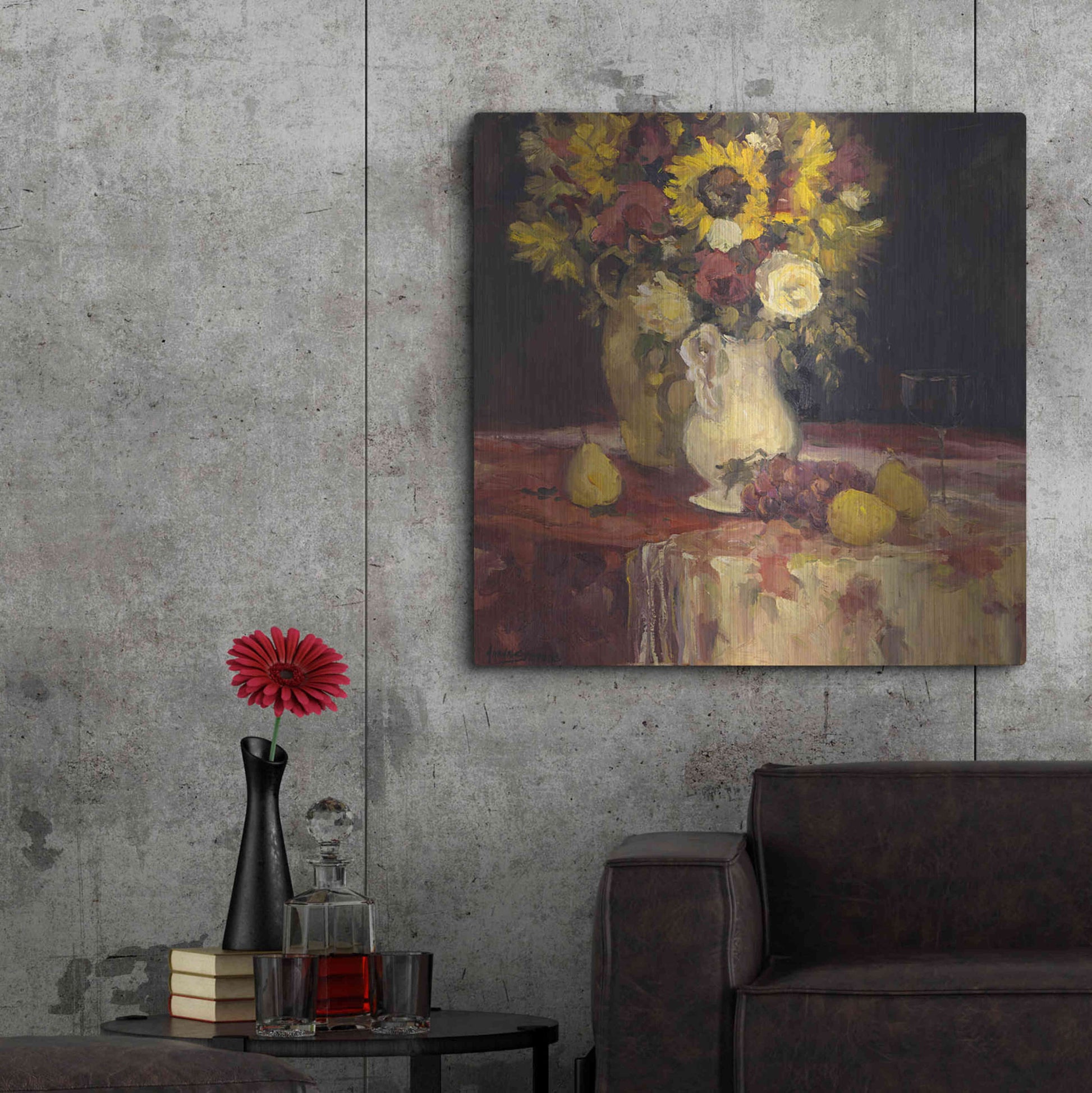 Luxe Metal Art 'Sunflowers And Wine' by Allayn Stevens, Metal Wall Art,36x36