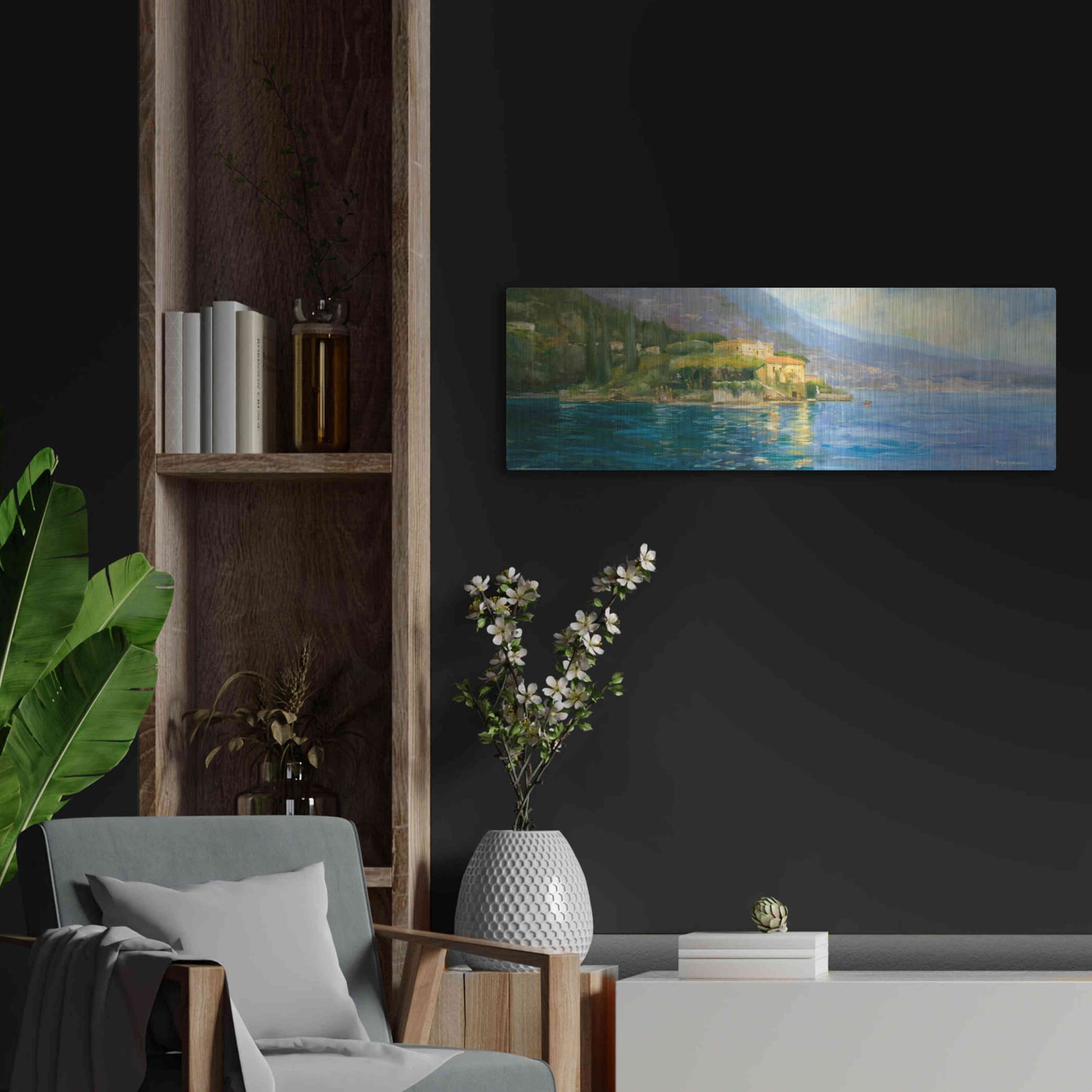 Luxe Metal Art 'Lake Como' by Allayn Stevens, Metal Wall Art,36x12