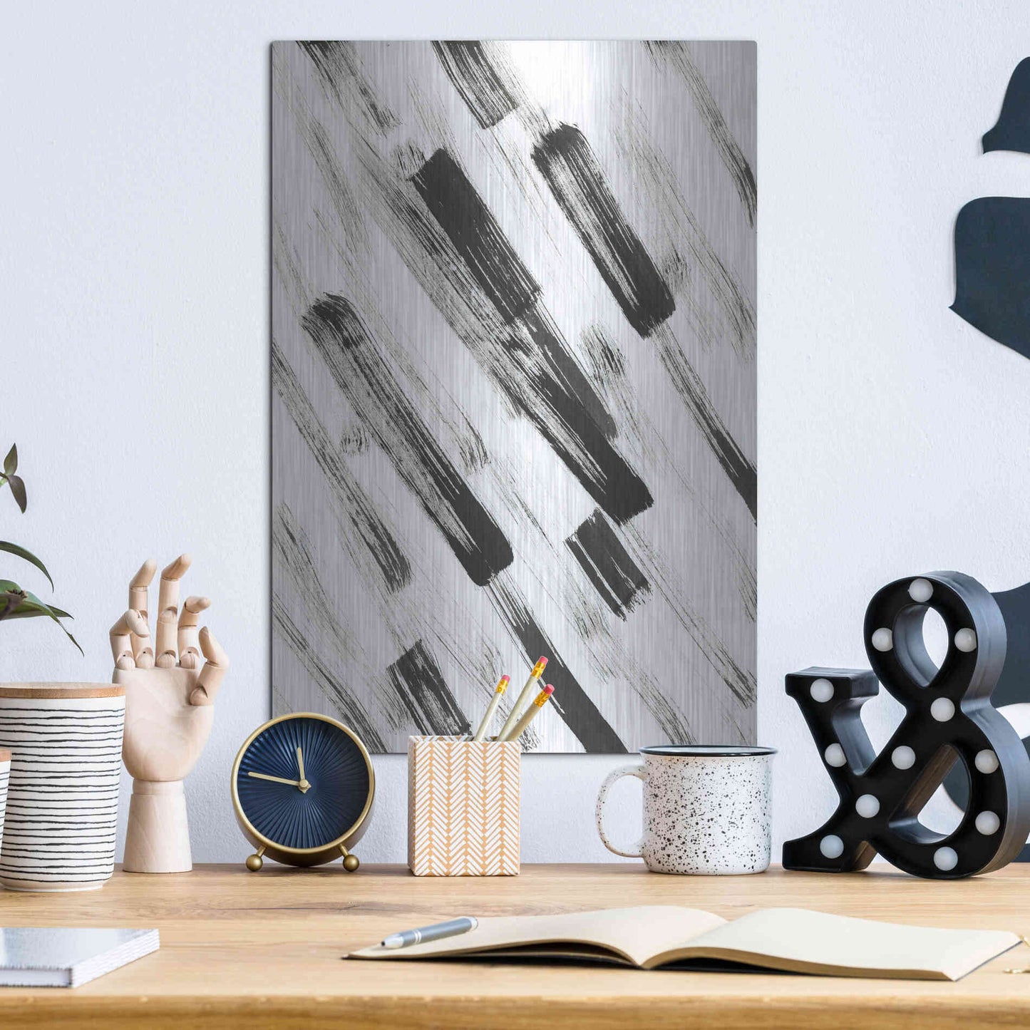 Luxe Metal Art 'Black and White Strokes North East' Metal Wall Art,12x16
