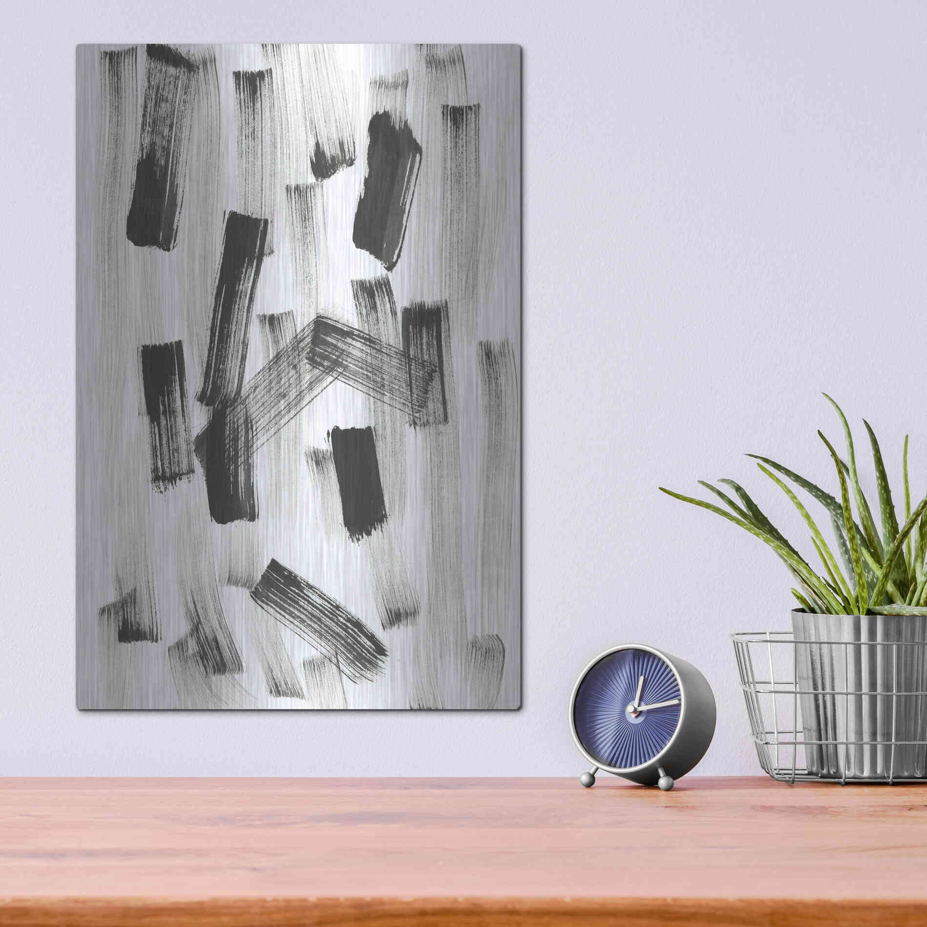 Luxe Metal Art 'Black and White Strokes North' Metal Wall Art,12x16