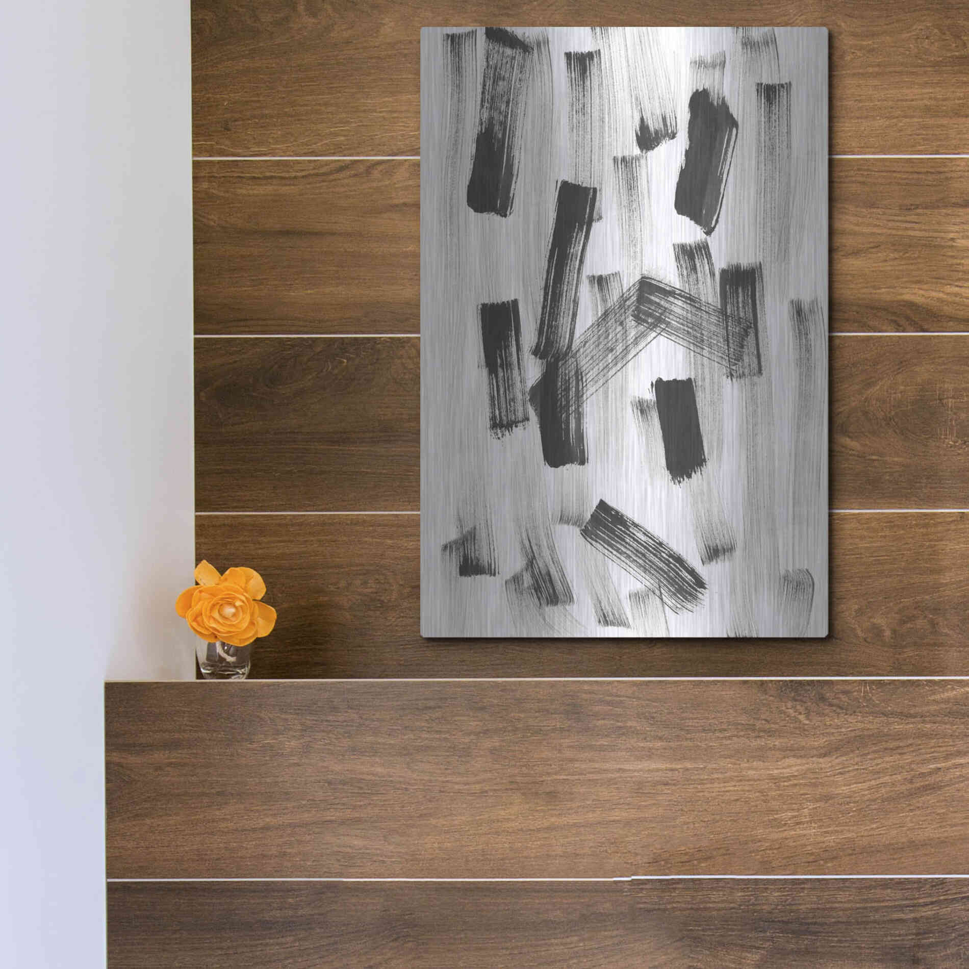 Luxe Metal Art 'Black and White Strokes North' Metal Wall Art,12x16