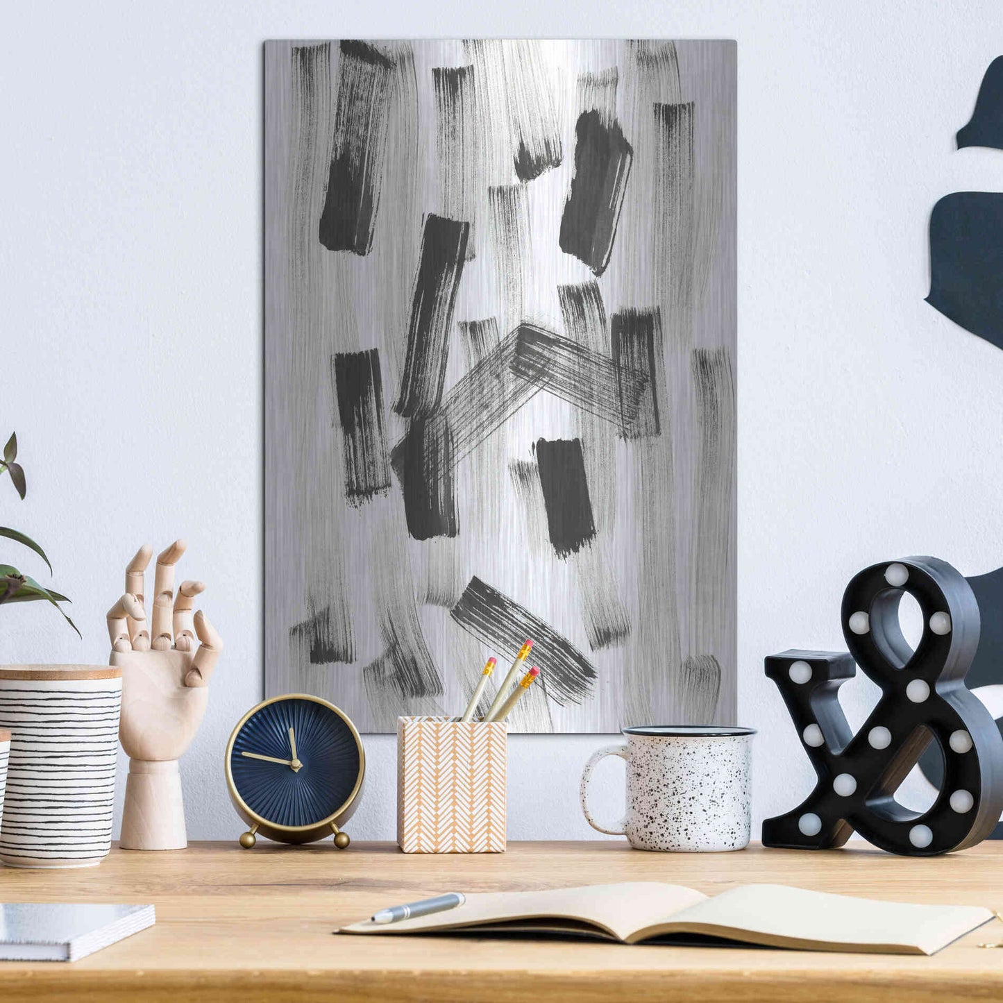 Luxe Metal Art 'Black and White Strokes North' Metal Wall Art,12x16