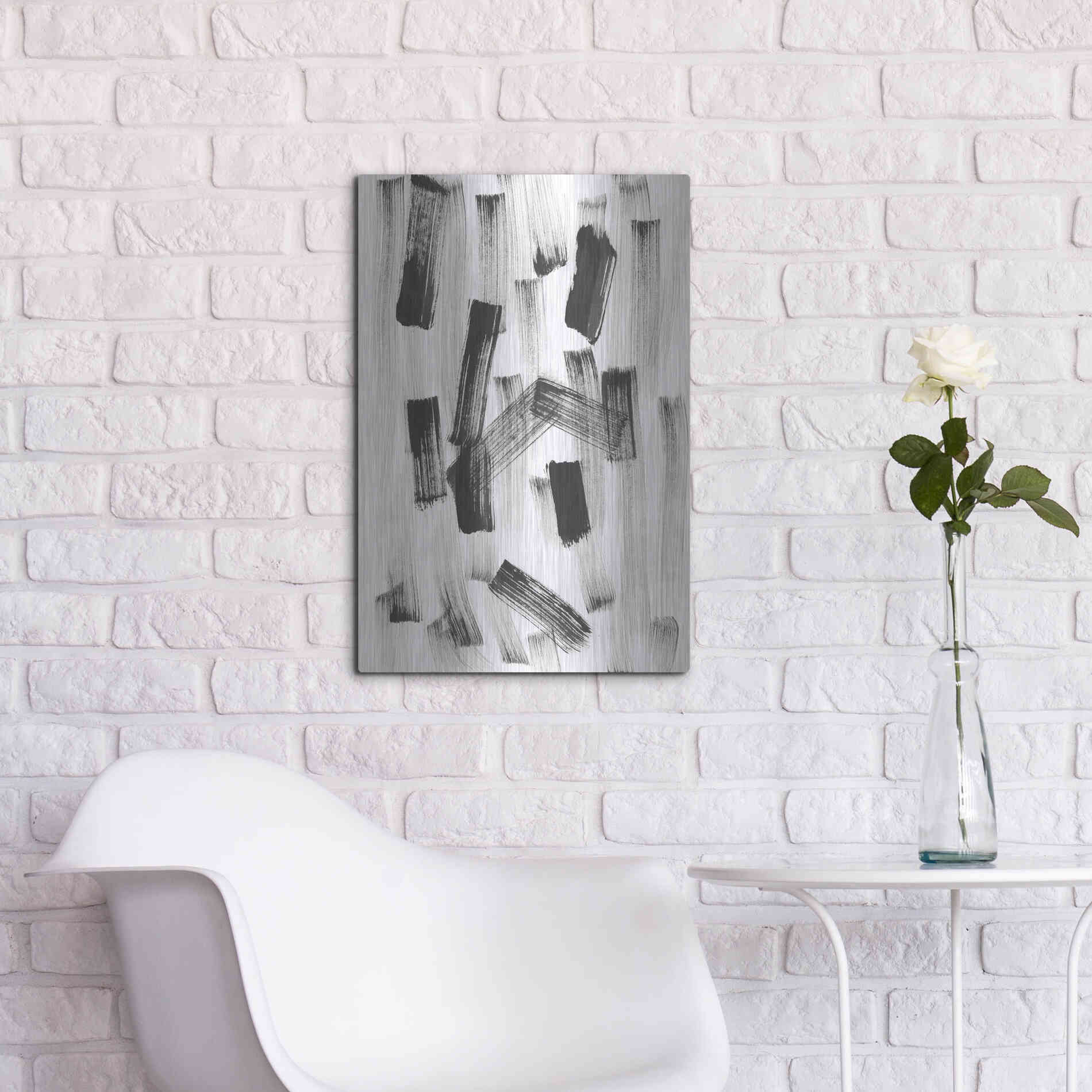 Luxe Metal Art 'Black and White Strokes North' Metal Wall Art,16x24