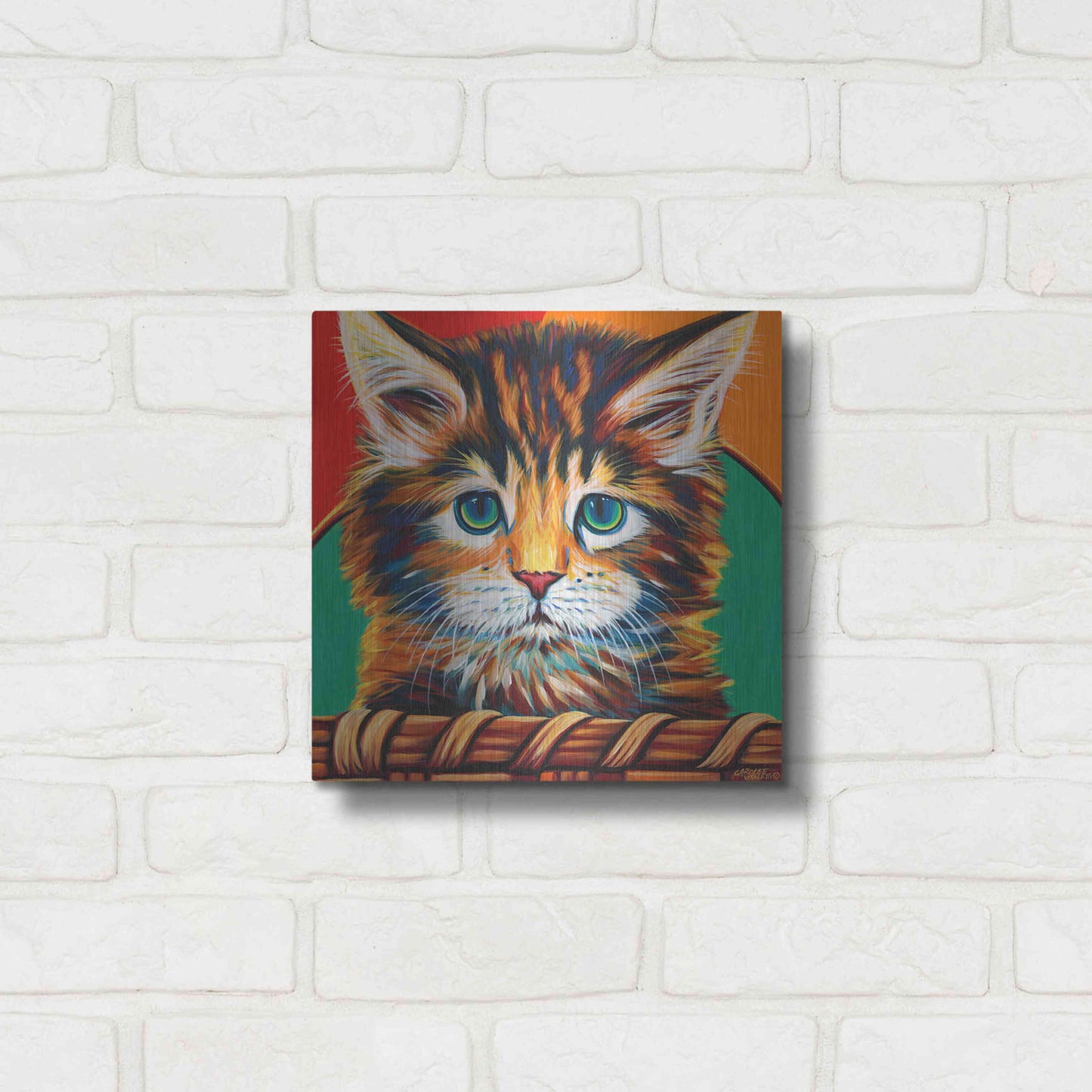 Luxe Metal Art 'Kitten in Basket I' by Carolee Vitaletti Metal Wall Art,12x12