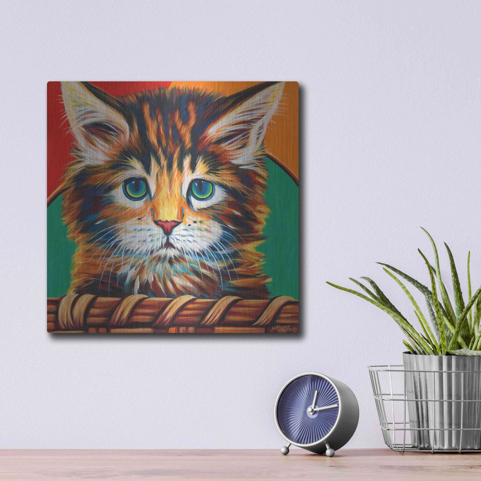 Luxe Metal Art 'Kitten in Basket I' by Carolee Vitaletti Metal Wall Art,12x12