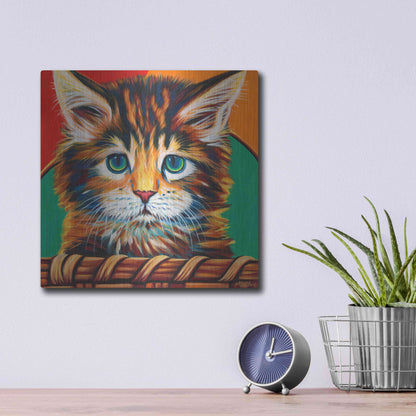 Luxe Metal Art 'Kitten in Basket I' by Carolee Vitaletti Metal Wall Art,12x12