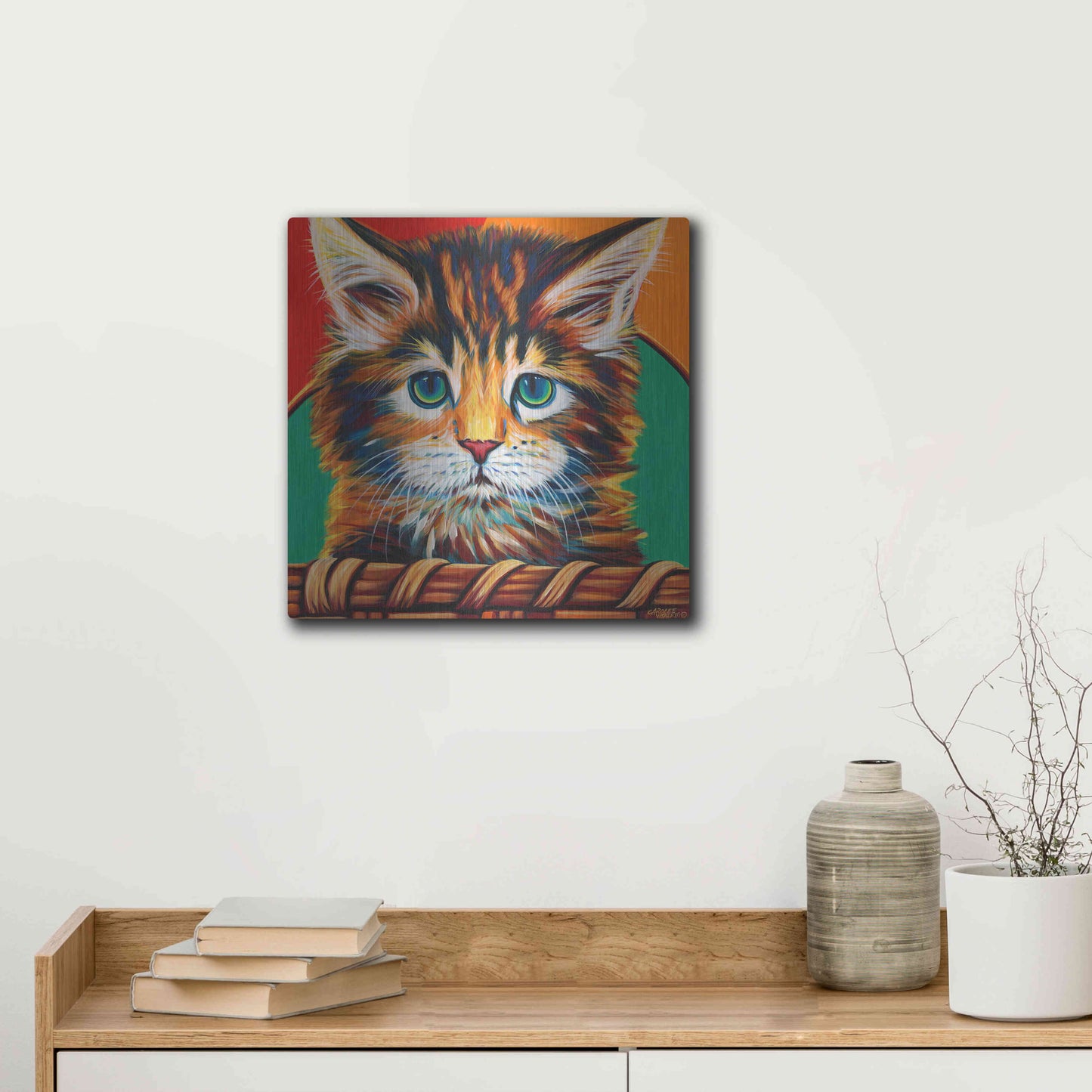 Luxe Metal Art 'Kitten in Basket I' by Carolee Vitaletti Metal Wall Art,12x12
