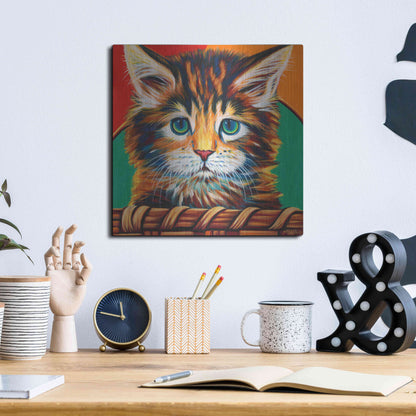 Luxe Metal Art 'Kitten in Basket I' by Carolee Vitaletti Metal Wall Art,12x12