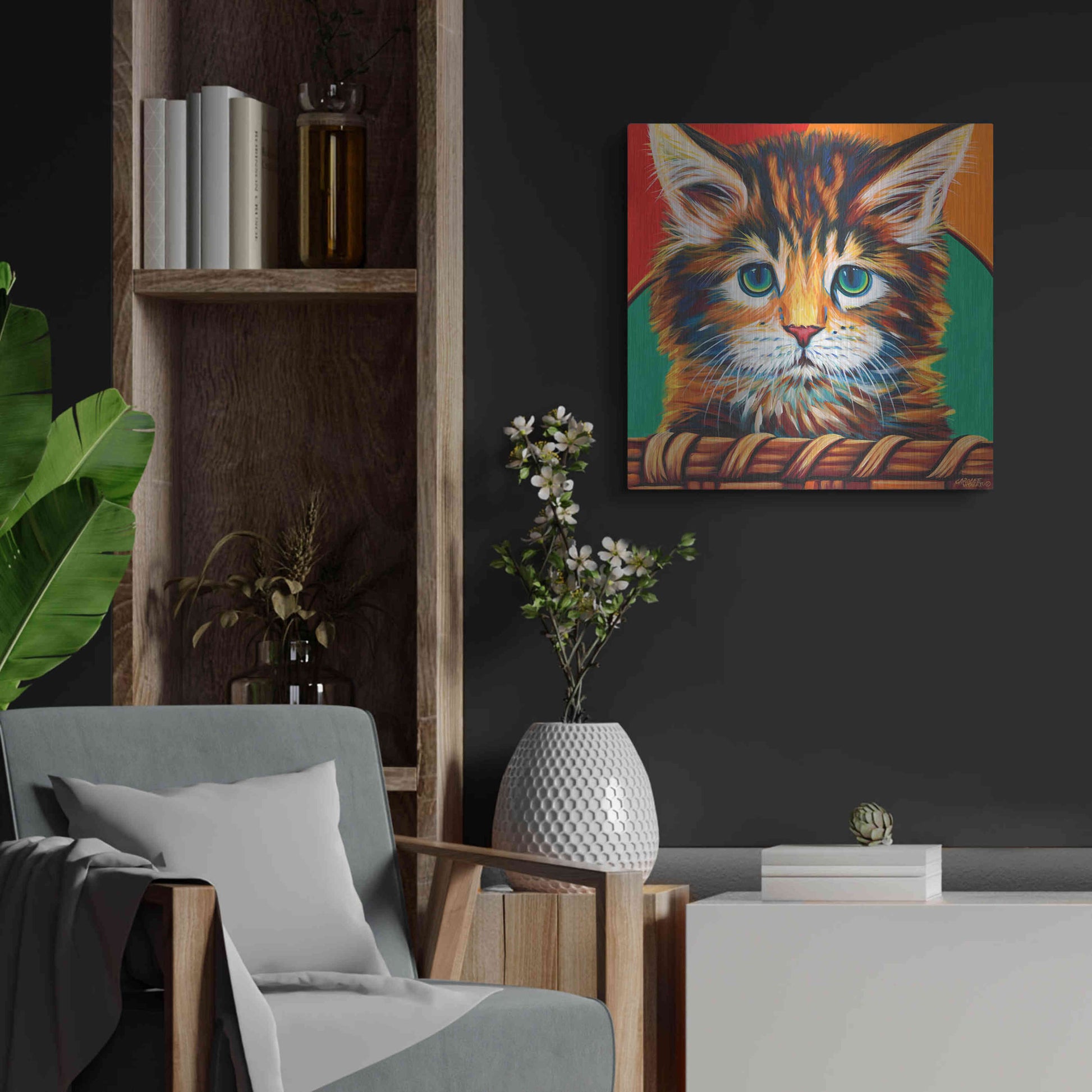 Luxe Metal Art 'Kitten in Basket I' by Carolee Vitaletti Metal Wall Art,24x24