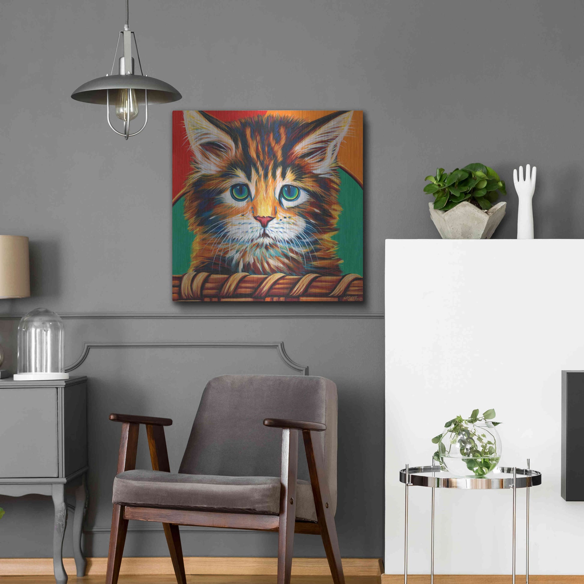 Luxe Metal Art 'Kitten in Basket I' by Carolee Vitaletti Metal Wall Art,24x24