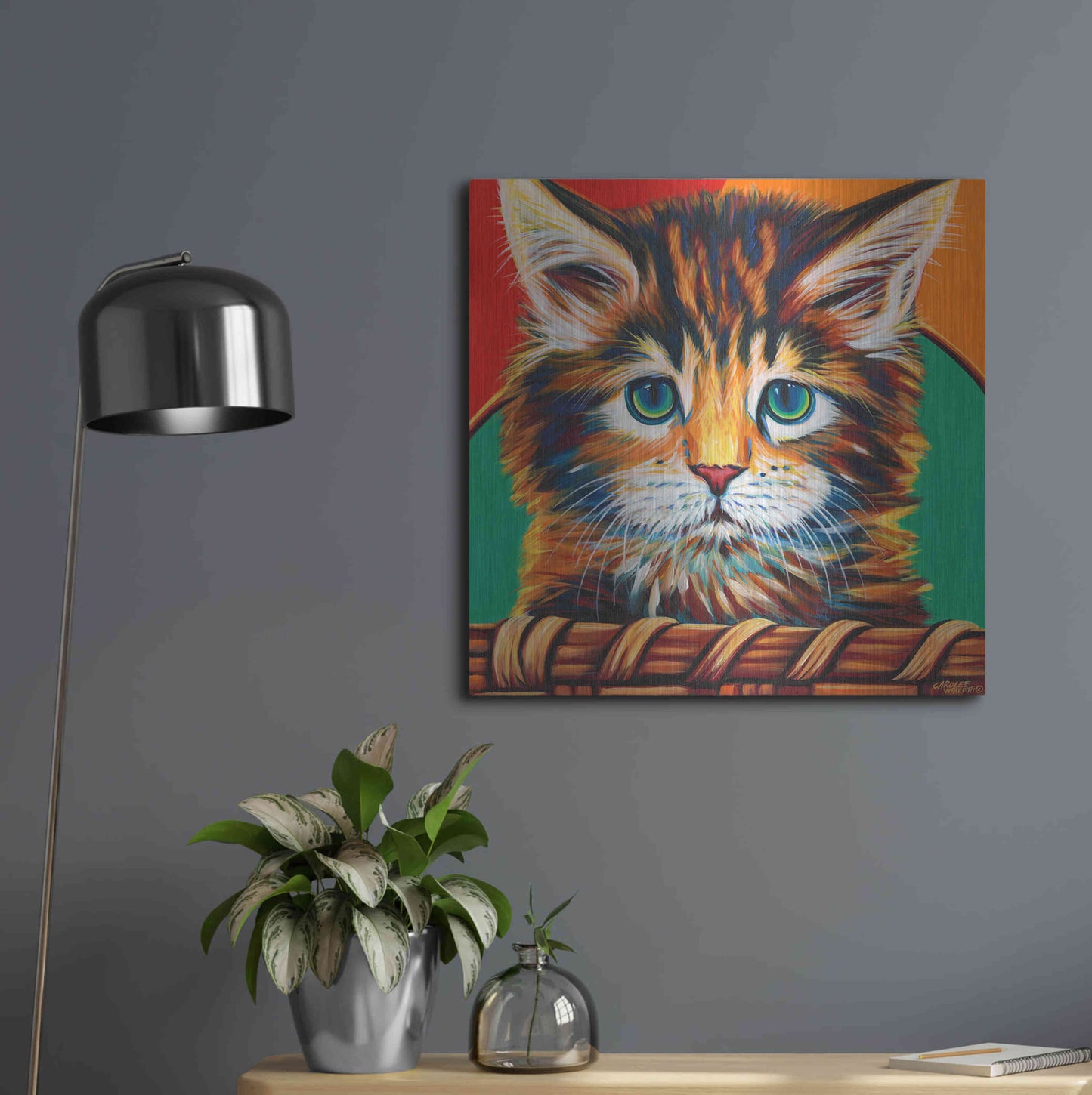 Luxe Metal Art 'Kitten in Basket I' by Carolee Vitaletti Metal Wall Art,24x24