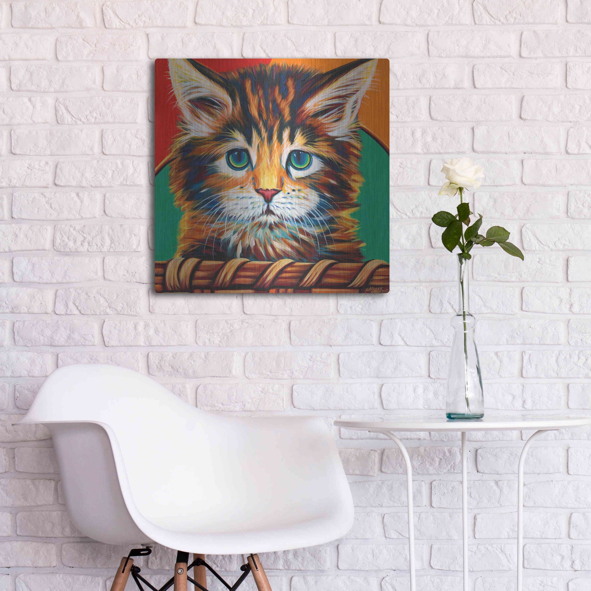 Luxe Metal Art 'Kitten in Basket I' by Carolee Vitaletti Metal Wall Art,24x24