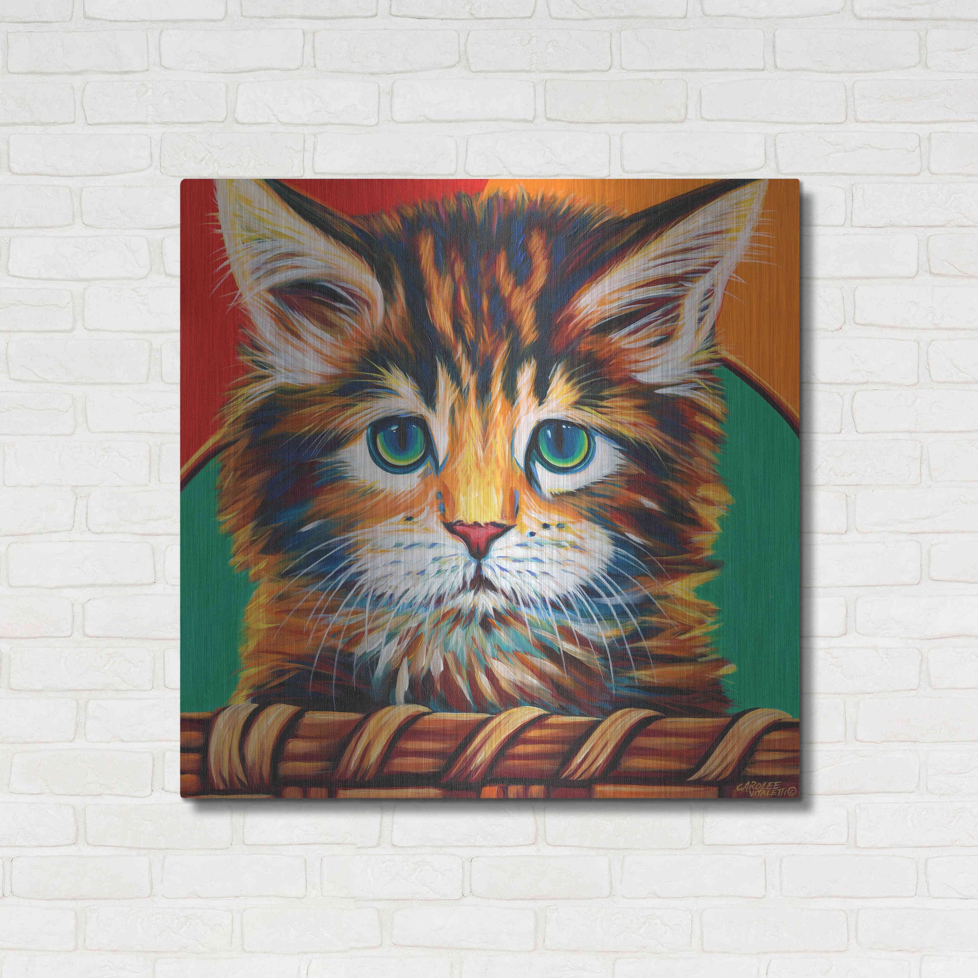 Luxe Metal Art 'Kitten in Basket I' by Carolee Vitaletti Metal Wall Art,36x36