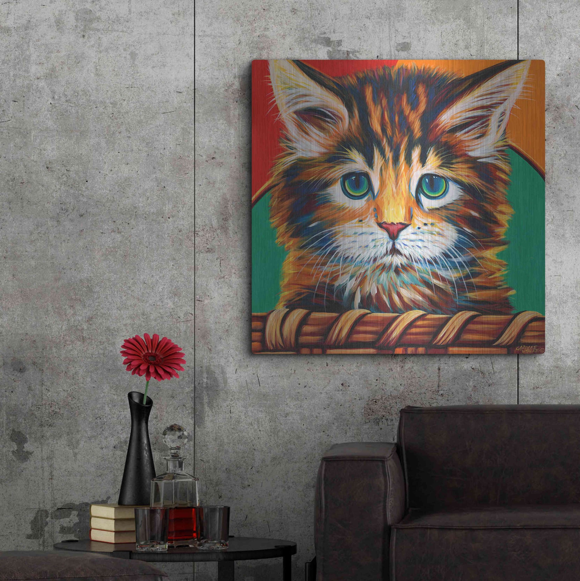 Luxe Metal Art 'Kitten in Basket I' by Carolee Vitaletti Metal Wall Art,36x36