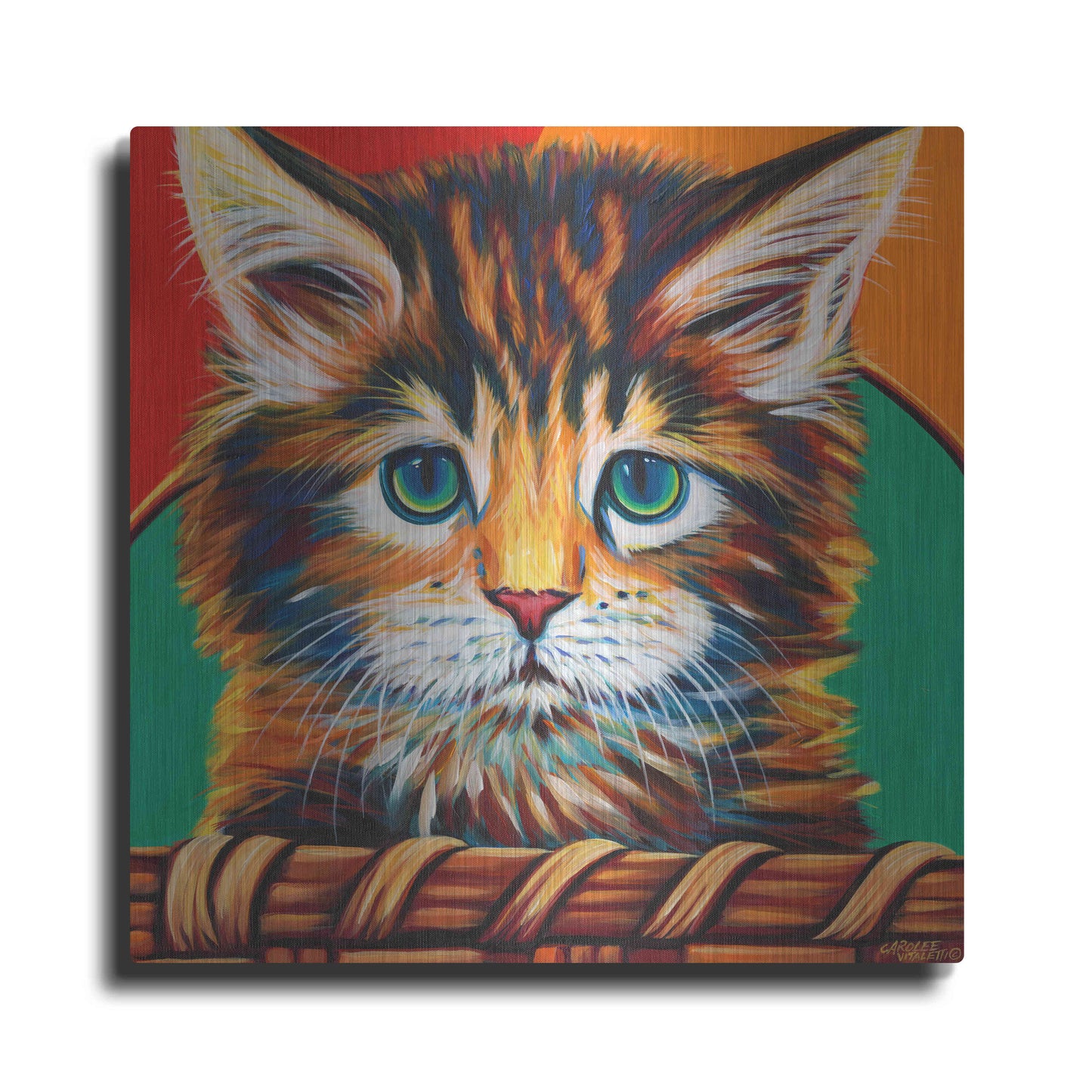 Luxe Metal Art 'Kitten in Basket I' by Carolee Vitaletti Metal Wall Art