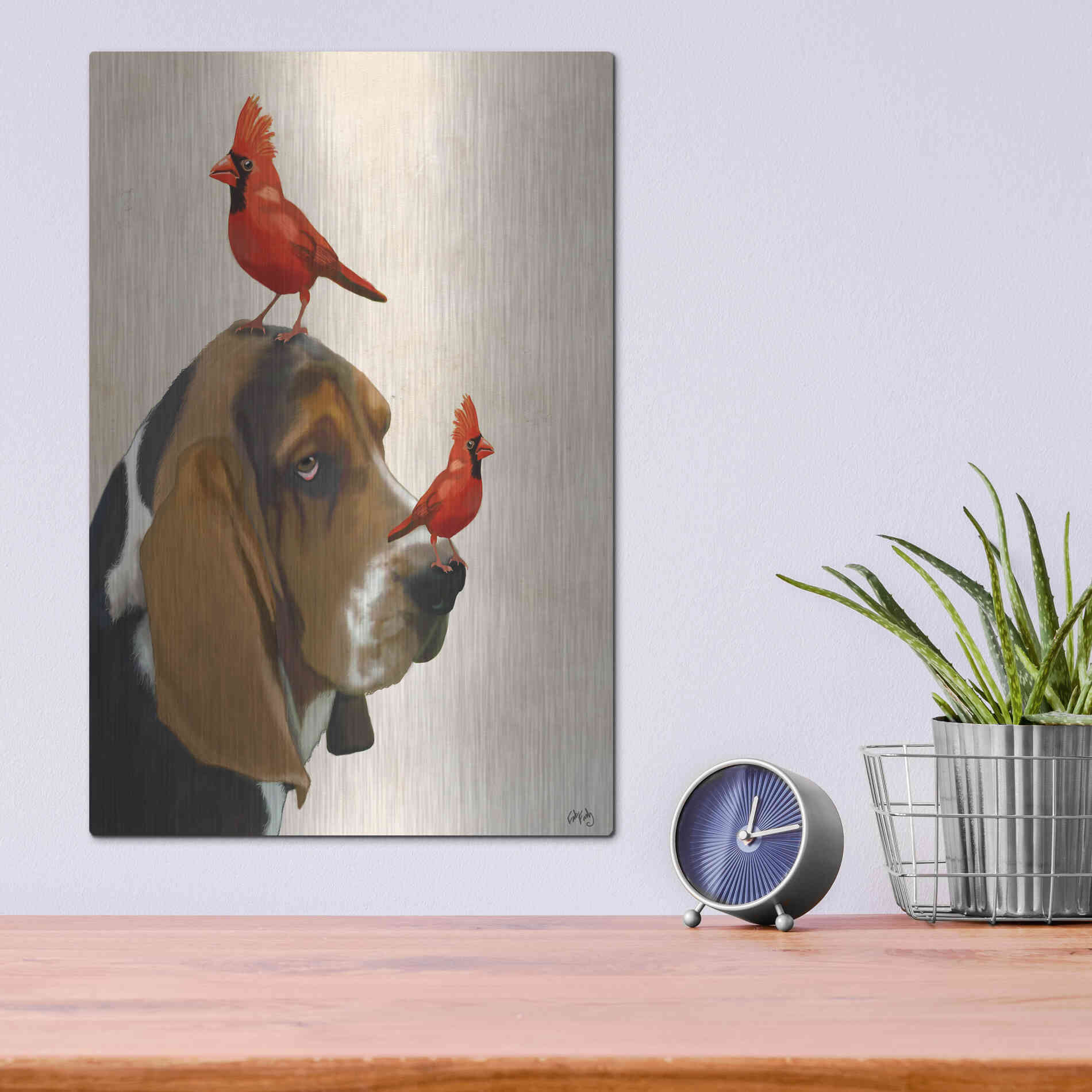 Luxe Metal Art 'Basset Hound and Birds' by Fab Funky Metal Wall Art,12x16