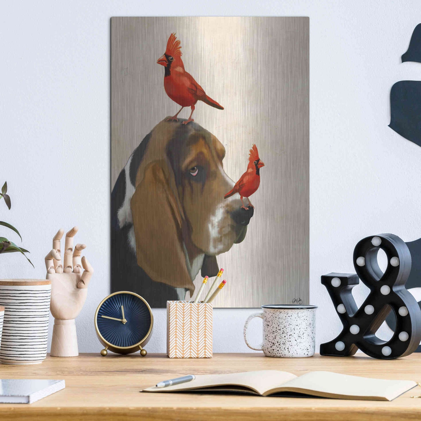 Luxe Metal Art 'Basset Hound and Birds' by Fab Funky Metal Wall Art,12x16