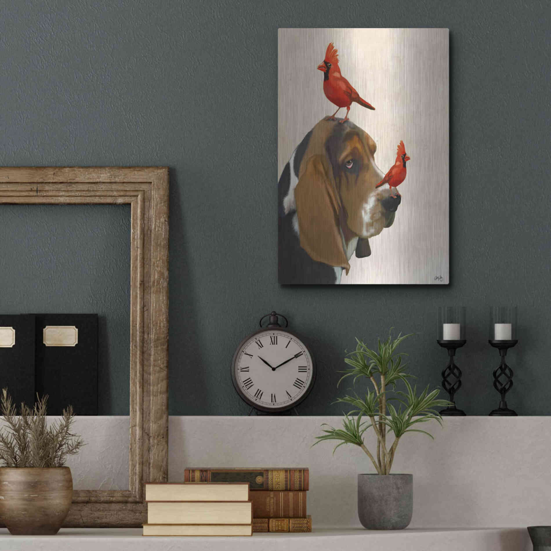 Luxe Metal Art 'Basset Hound and Birds' by Fab Funky Metal Wall Art,12x16