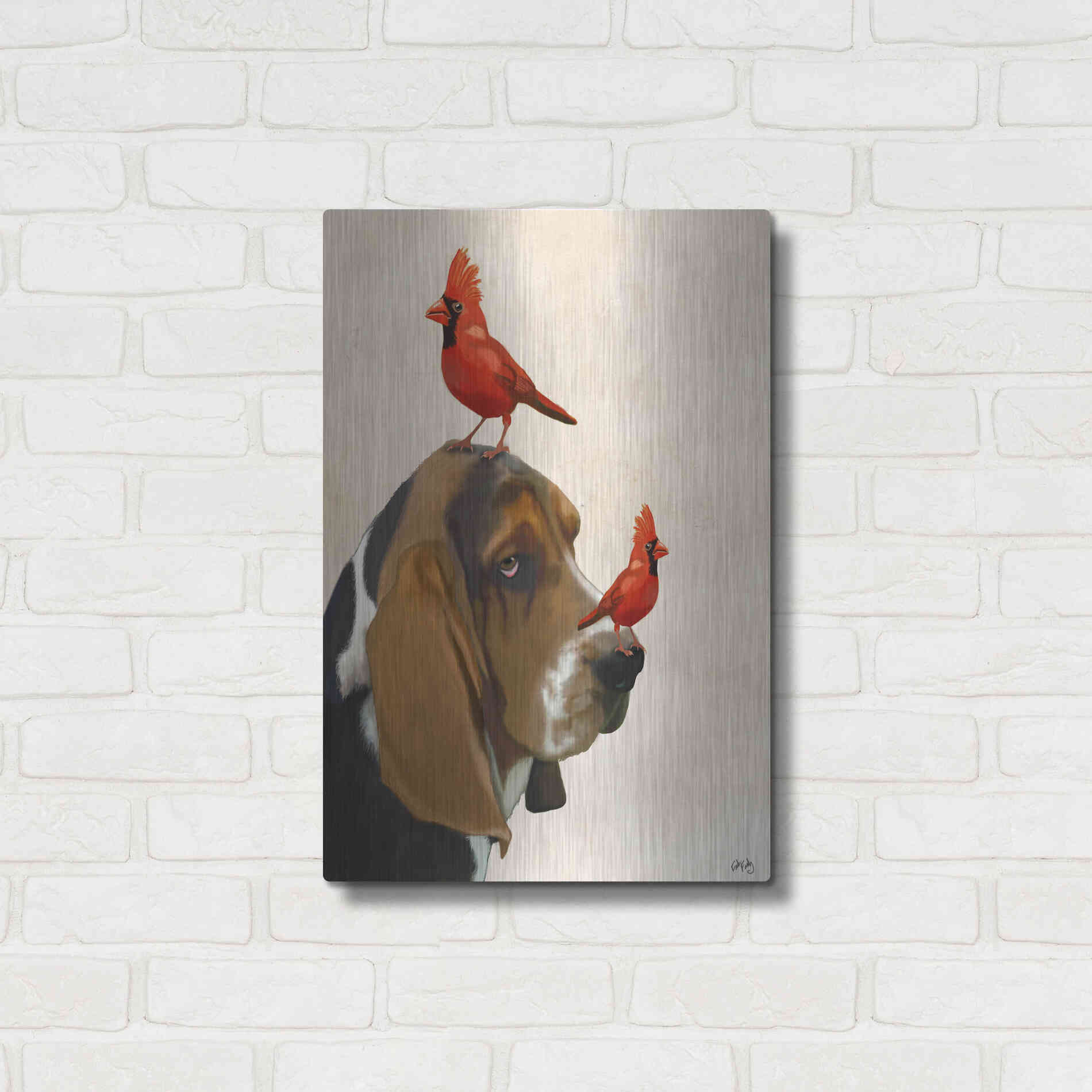 Luxe Metal Art 'Basset Hound and Birds' by Fab Funky Metal Wall Art,16x24