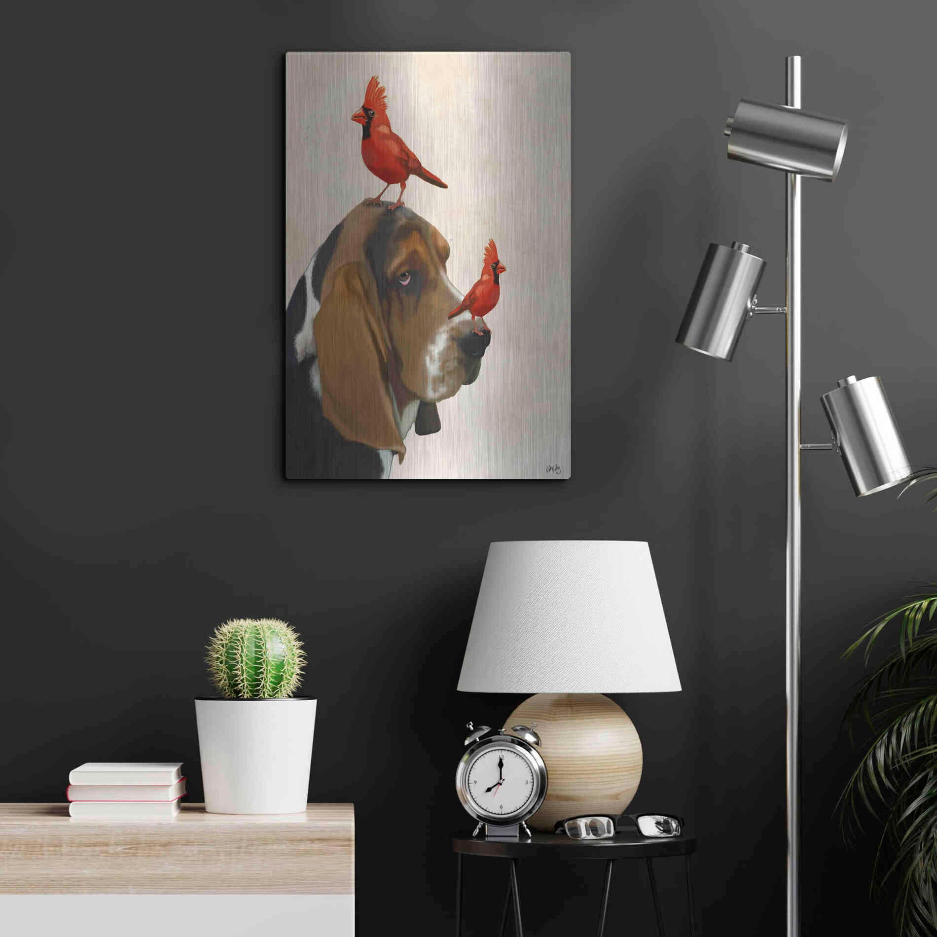 Luxe Metal Art 'Basset Hound and Birds' by Fab Funky Metal Wall Art,16x24