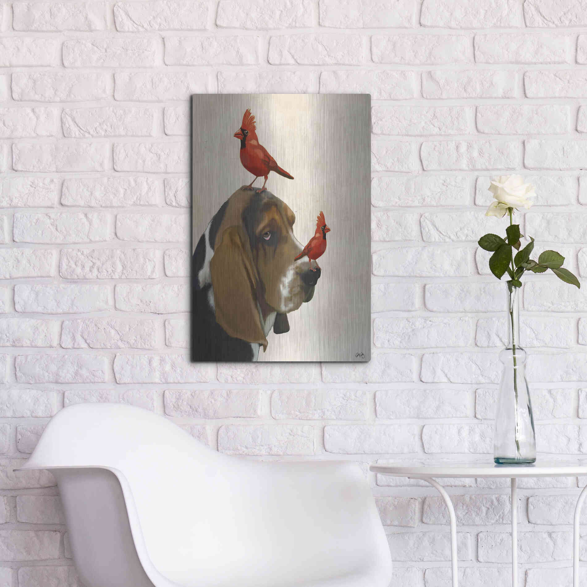 Luxe Metal Art 'Basset Hound and Birds' by Fab Funky Metal Wall Art,16x24