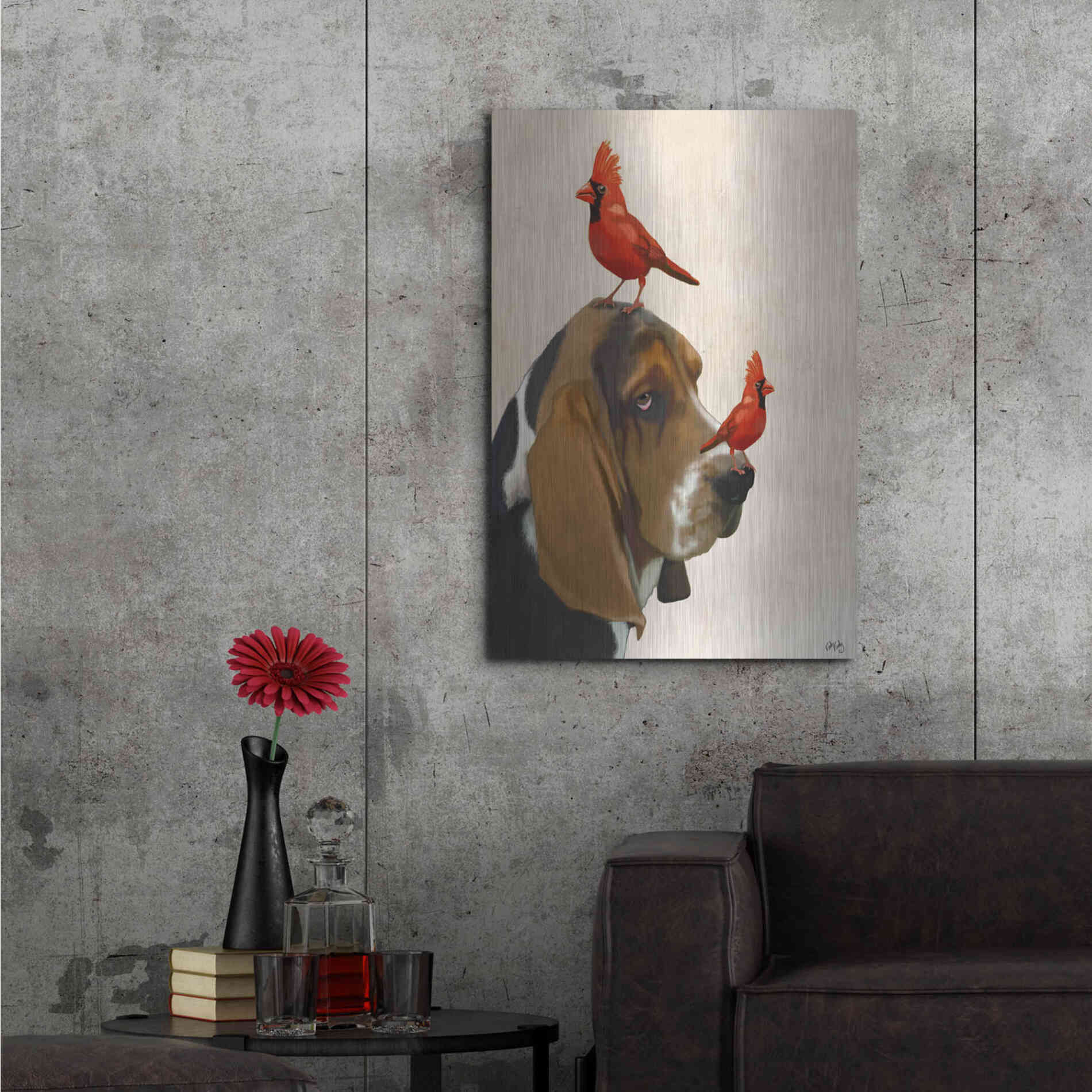 Luxe Metal Art 'Basset Hound and Birds' by Fab Funky Metal Wall Art,24x36